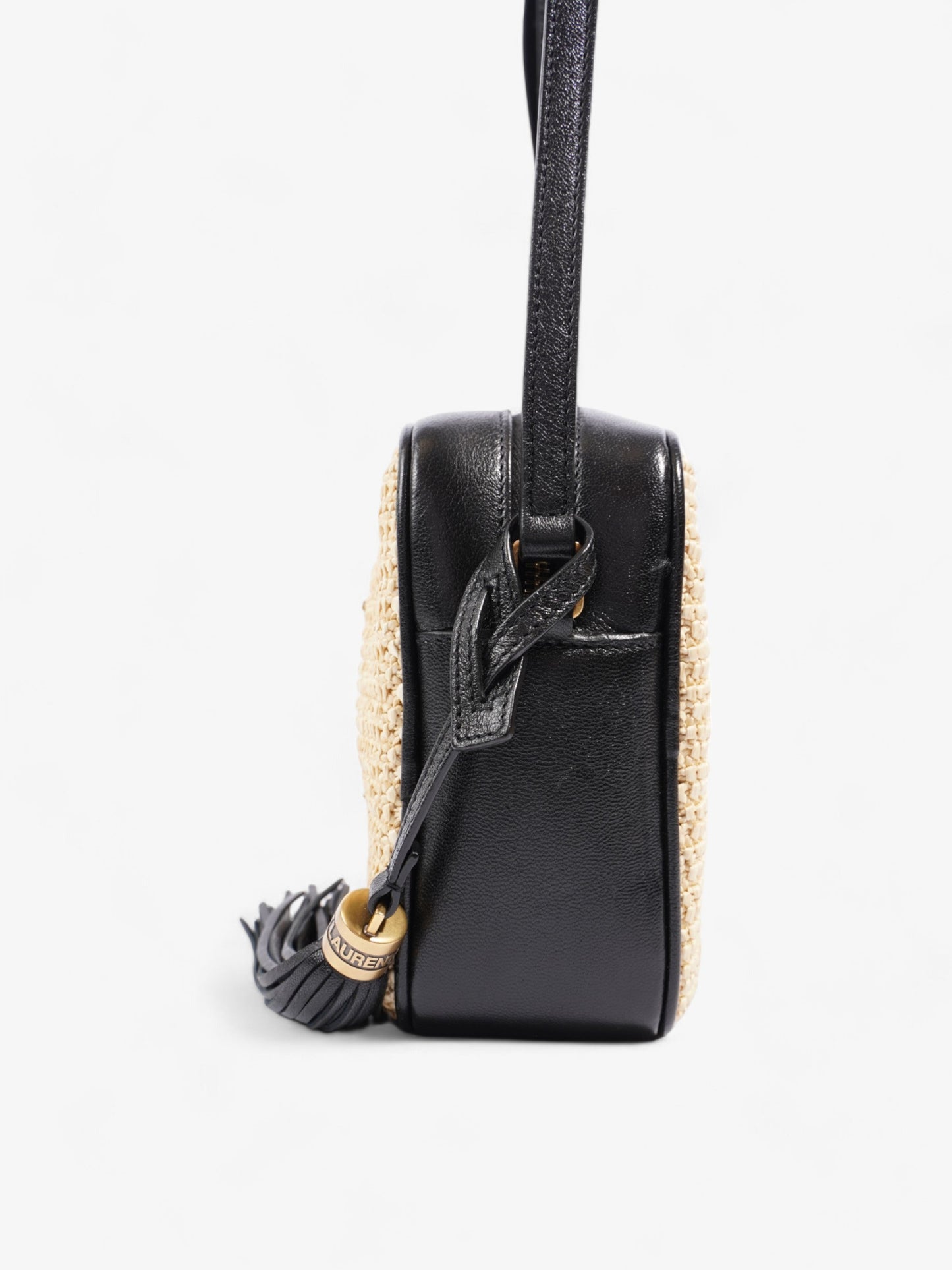 YSL Saint Laurent Lou Camera Natural Crossbody Bag Raffia Black