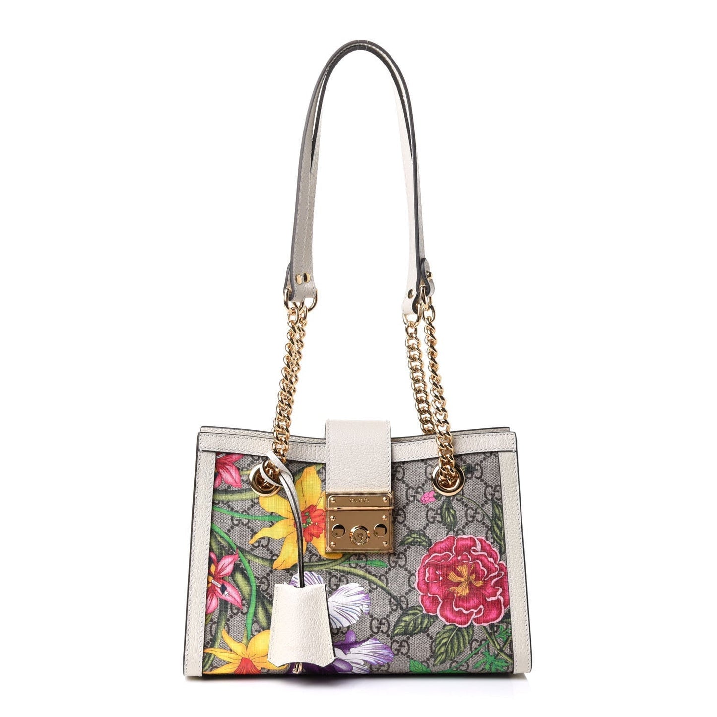 Gucci GG SUPREME FLORA PADLOCK Small Chain Tote Bag