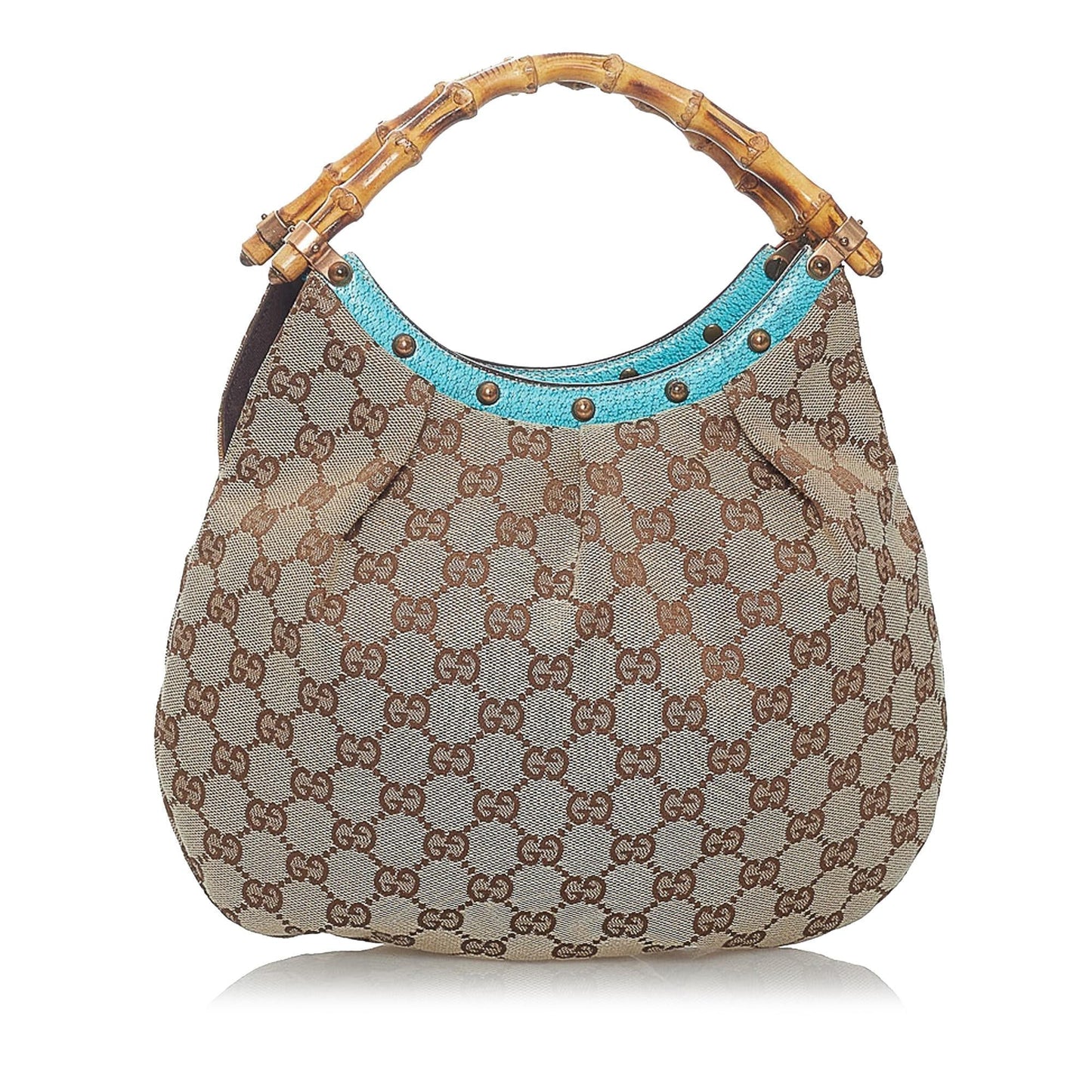 Gucci Bamboo GG SHG Canvas Brown Blue Satchel Bag Handbag Shg