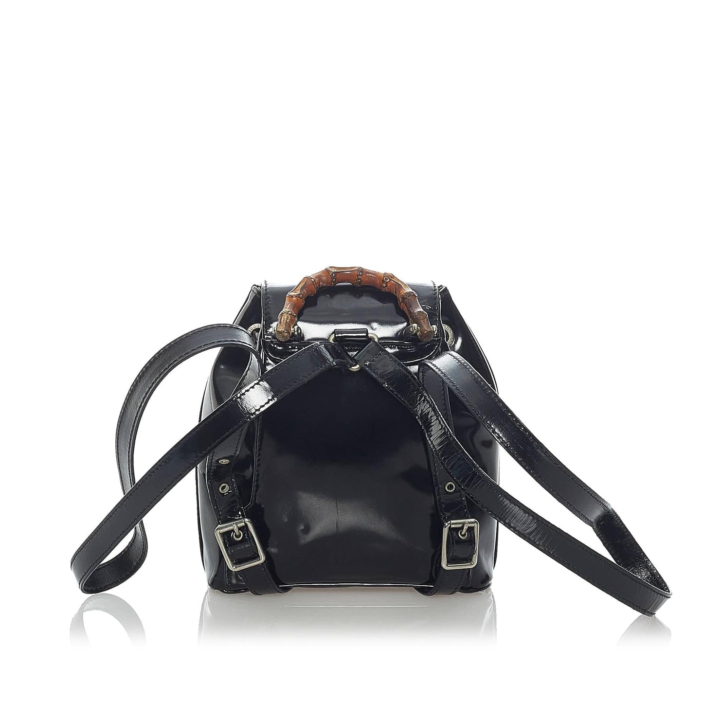 Gucci Bamboo Drawstring Backpack SHG Leather Patent Black Jewelry