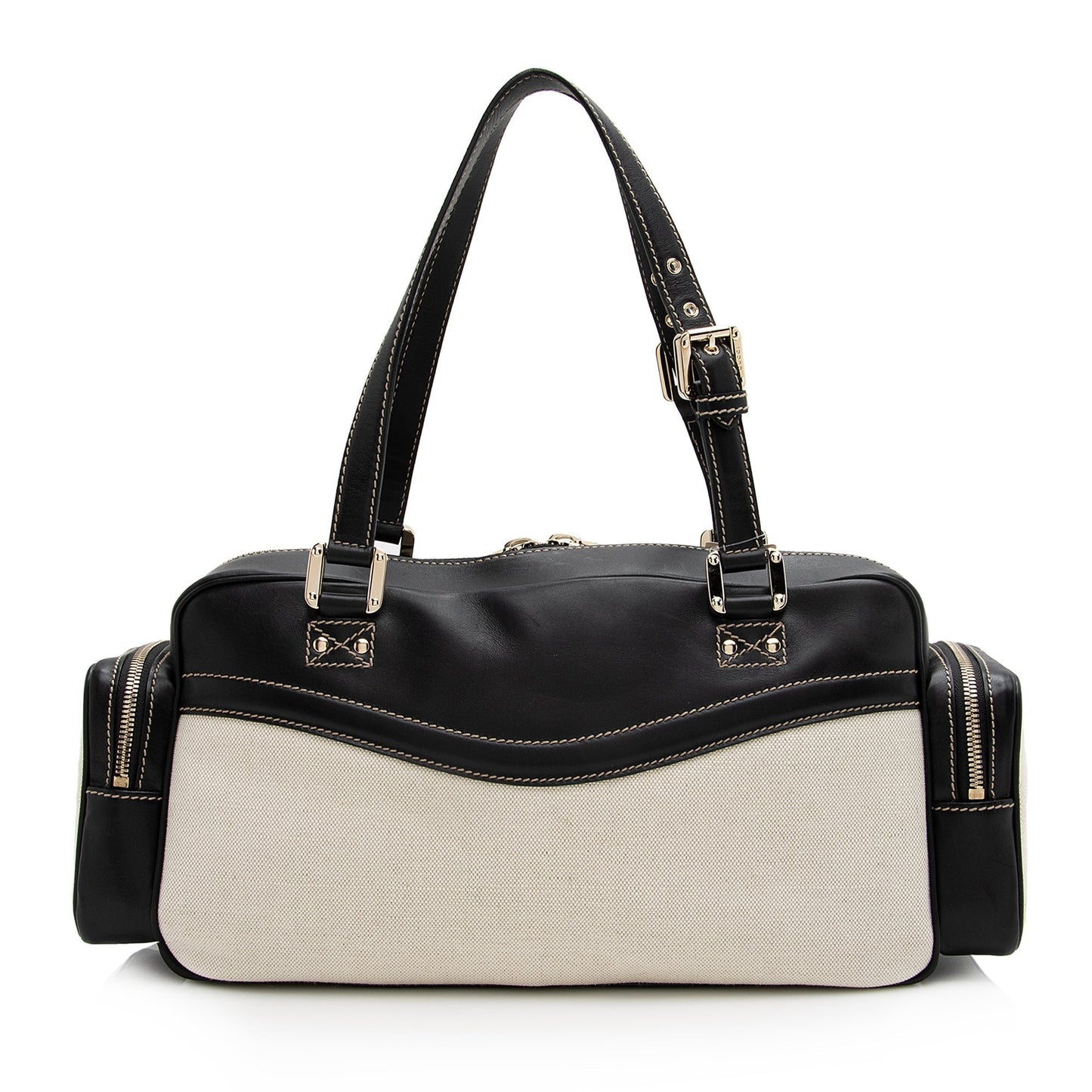 Gucci East West Multi-Pocket SHF Leather Canvas Black Beige Satchel Bag