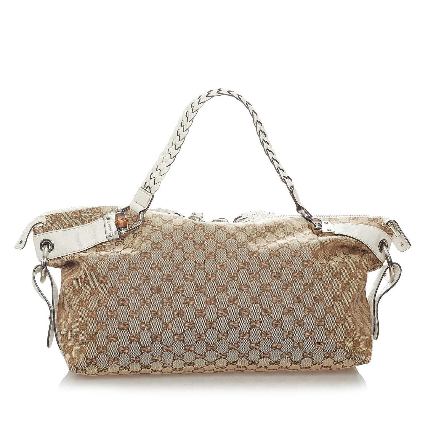 Gucci GG Bamboo Bar SHG Canvas Calf White Brown Tote Bag
