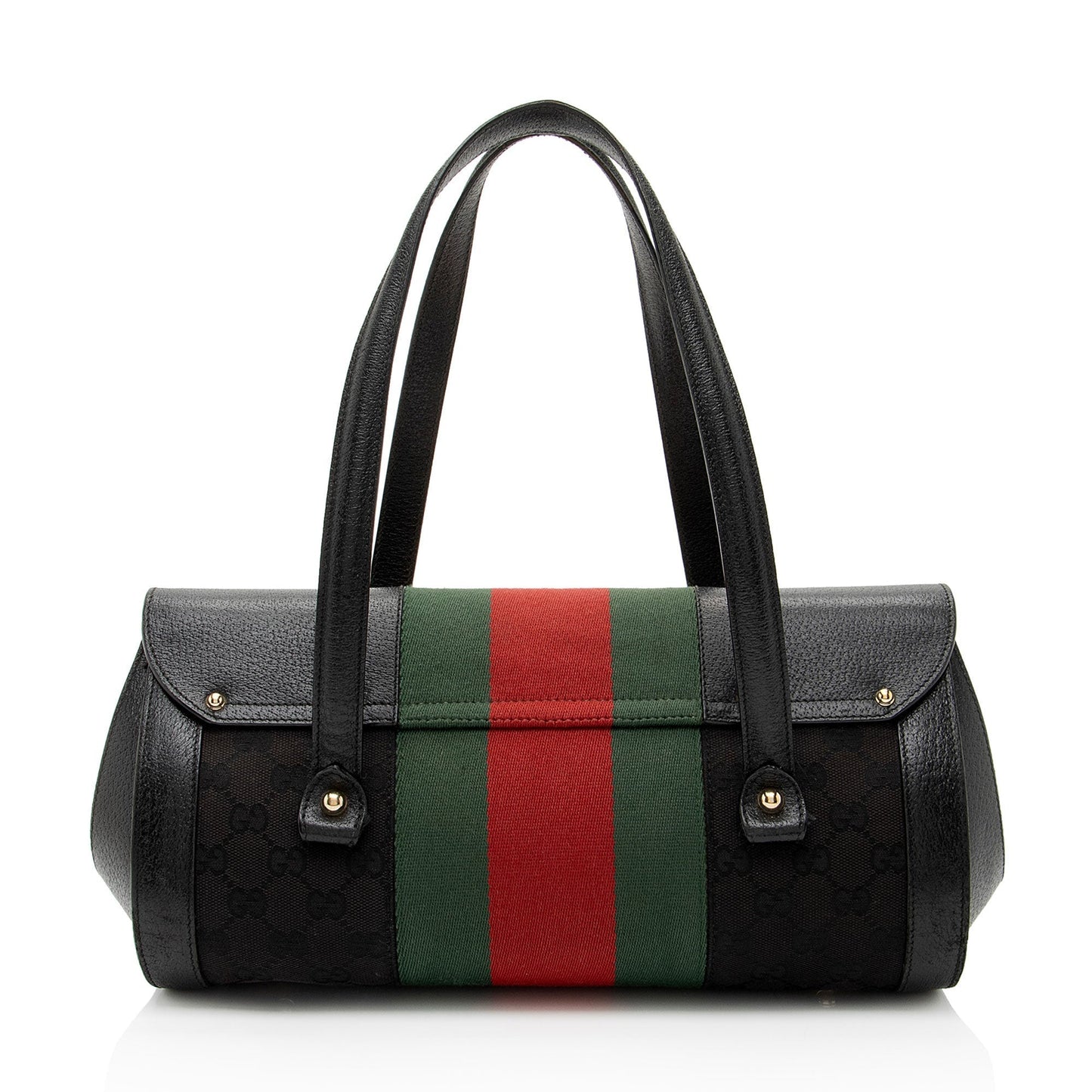Gucci Studded Web Bamboo Bullet Leather Canvas Nylon Black Satchel Bag
