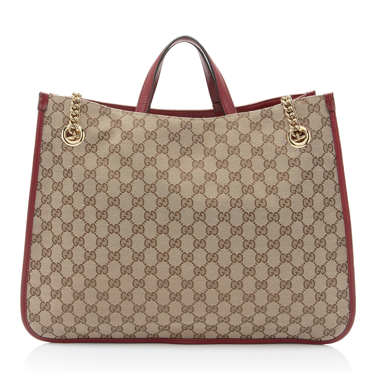 Gucci GG Horsebit Chain Leather Canvas Beige Red Tote Bag