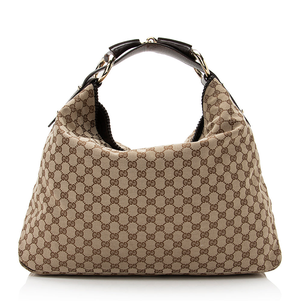 Gucci GG Horsebit SHF Leather Canvas Brown Beige Shoulder Bag