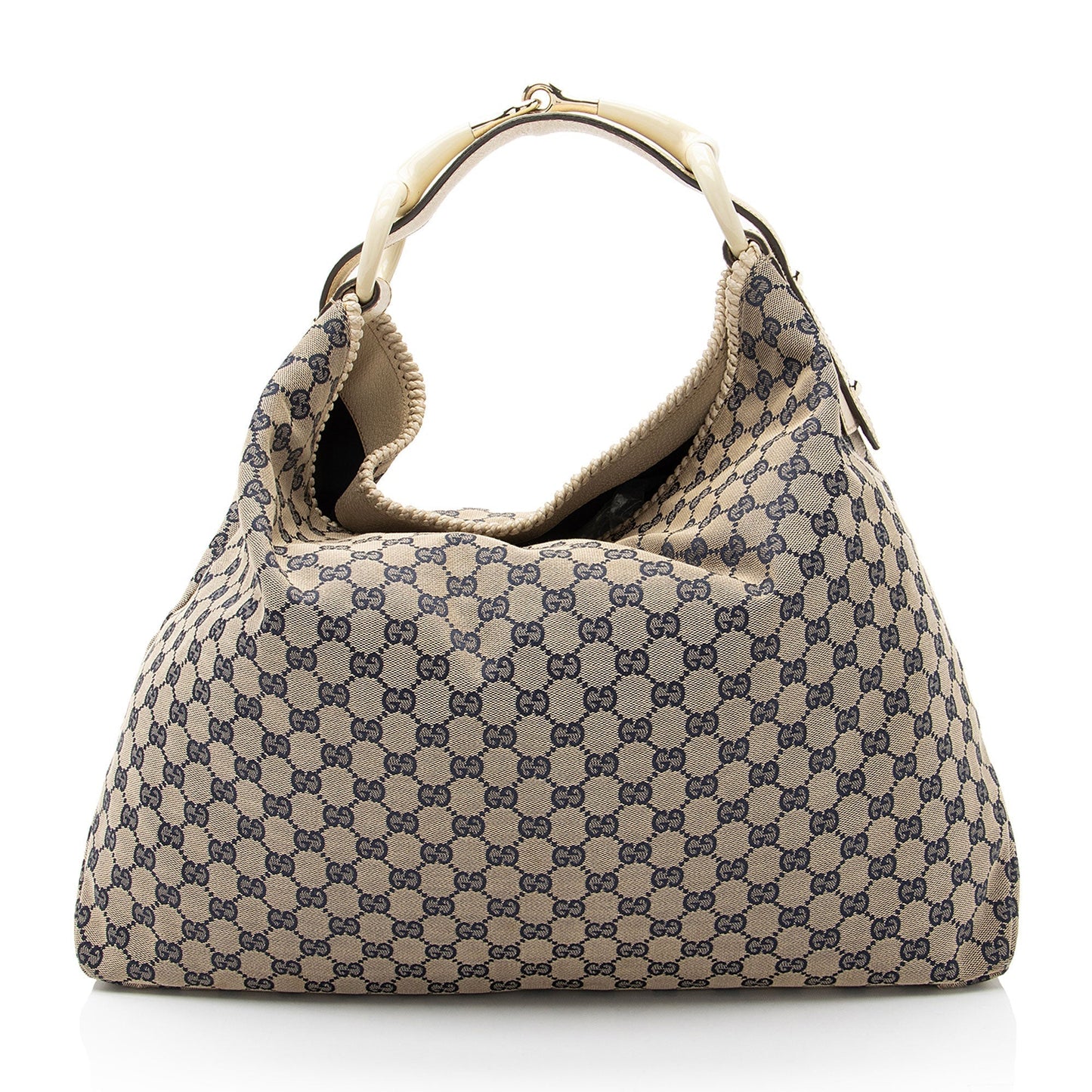 Gucci GG Horsebit Leather Canvas Beige Blue Shoulder Bag