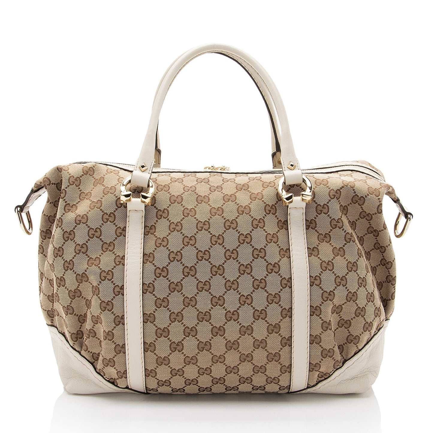 Gucci GG Horsebit Nailhead Boston Leather Canvas White Beige Satchel Bag