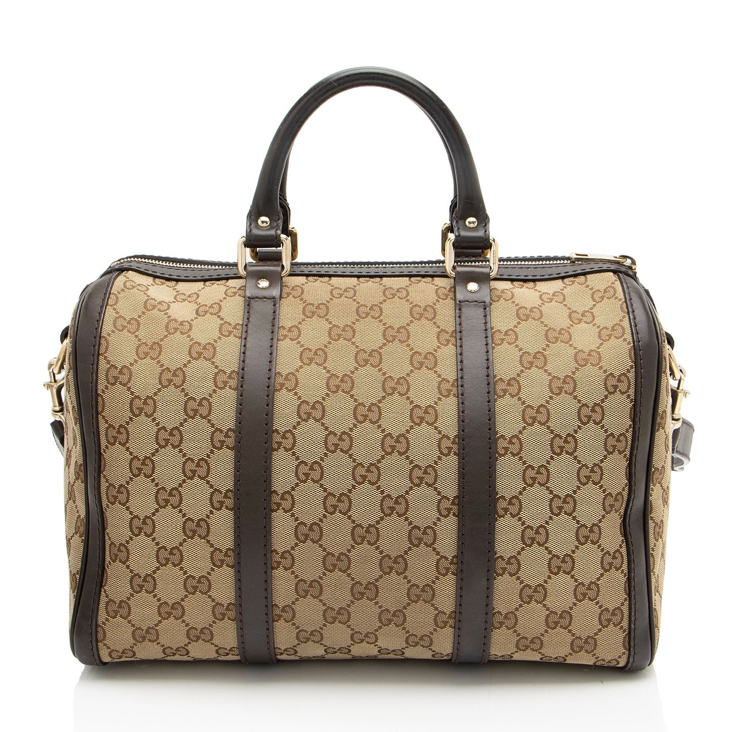 Gucci GG Joy Boston SHF-gIsKE9 Leather Canvas Brown Beige Satchel Bag