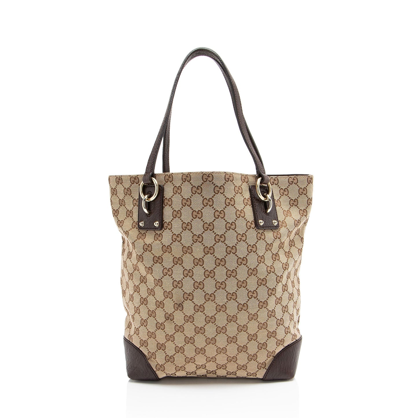 Gucci GG Charm Leather Canvas Brown Beige Tote Bag