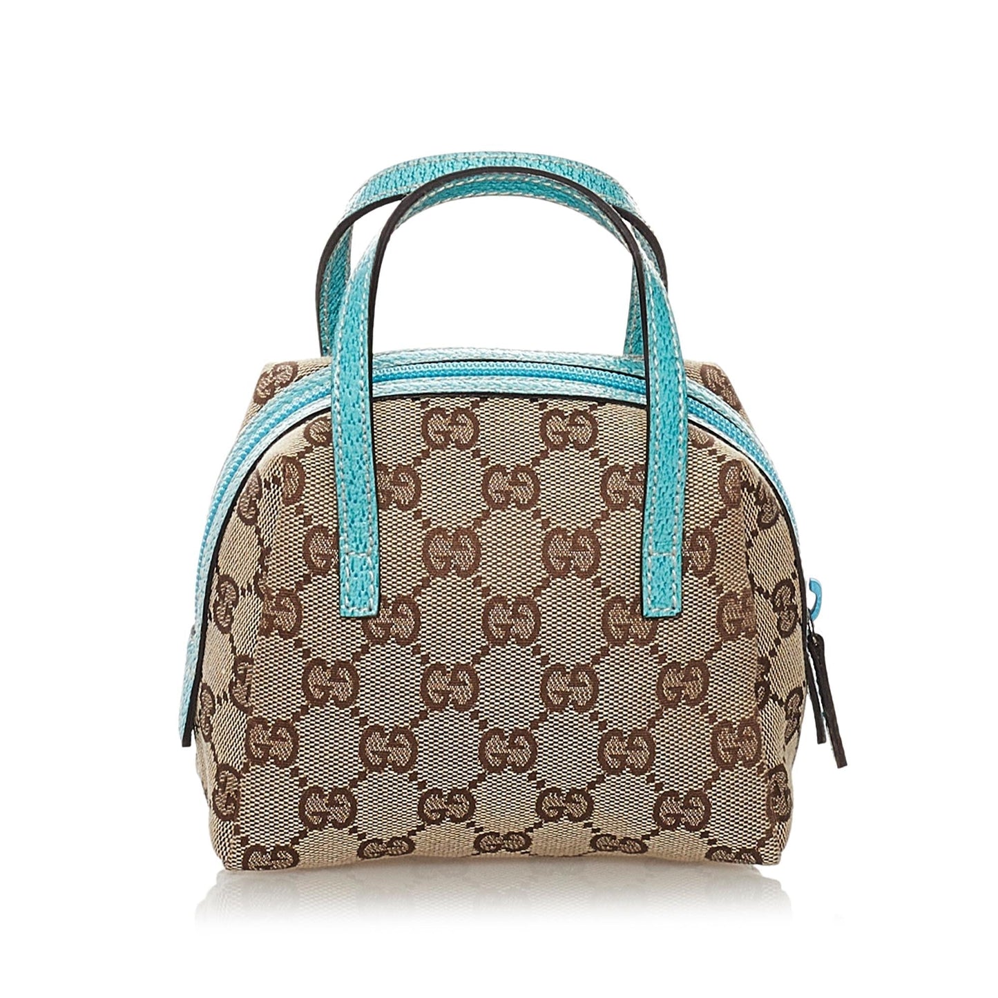 Gucci GG SHG Canvas Calf Brown Blue Satchel Bag Handbag Shg