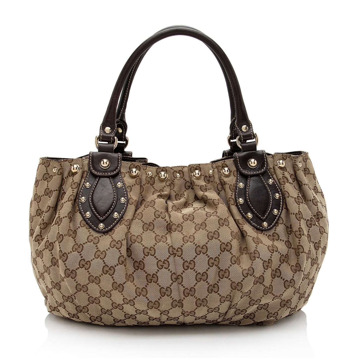 Gucci GG Studded Pelham SHF-YGNY3j Leather Canvas Brown Beige Tote Bag