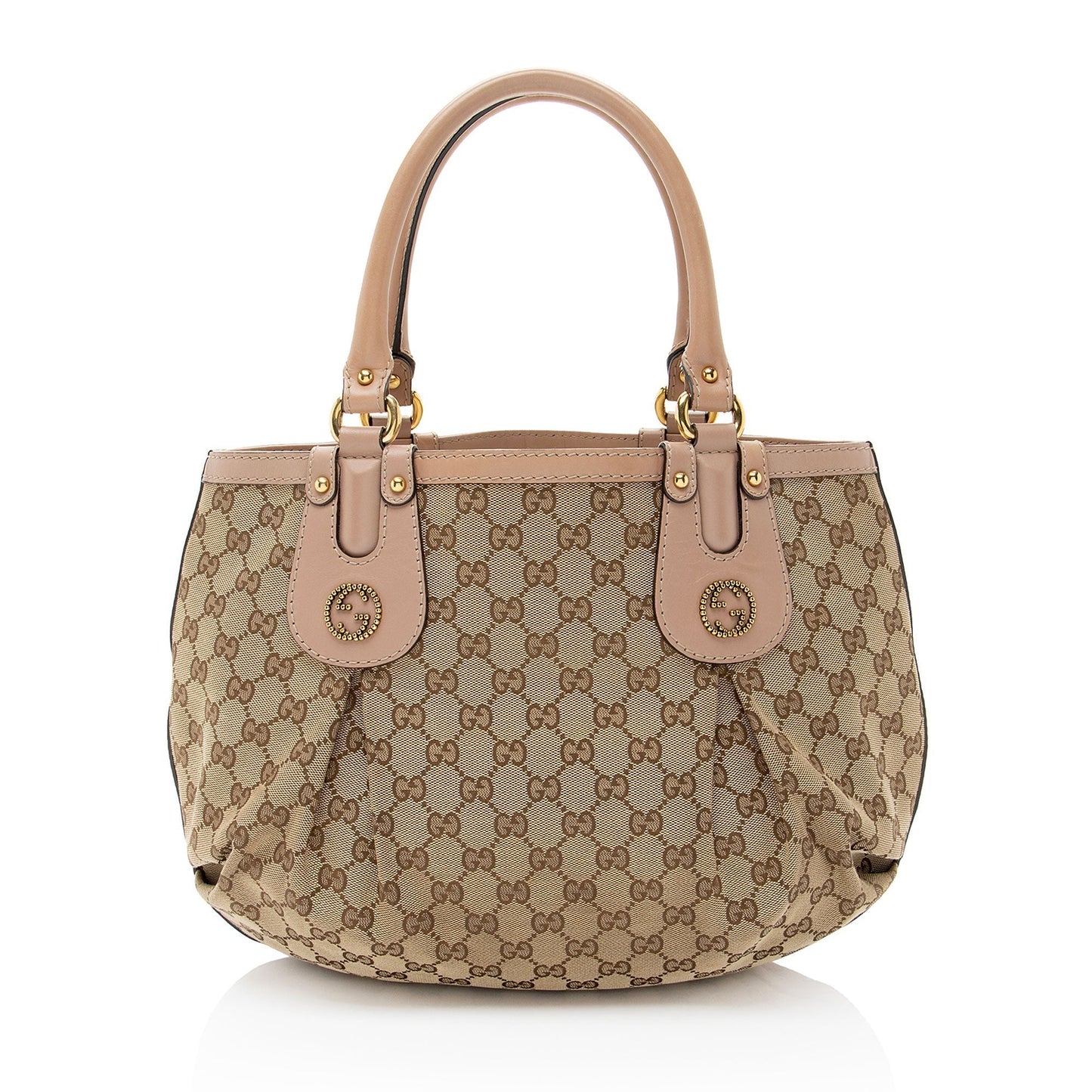 Gucci GG Studded Scarlett Leather Canvas Brown Pink Tote Bag
