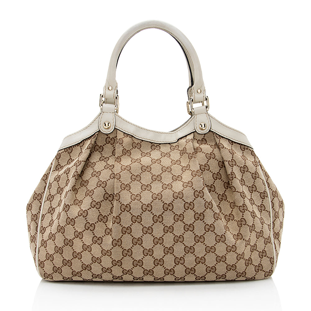 Gucci GG Sukey SHF Leather Canvas White Beige Tote Bag 6