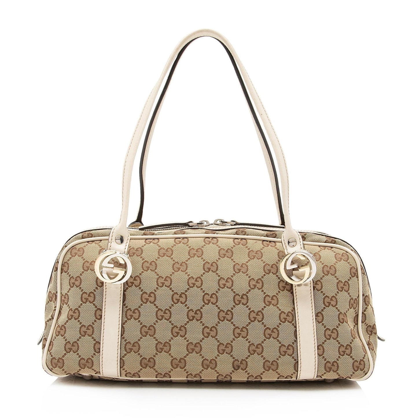 Gucci GG Twins Boston SHF-SVoyHp Leather Canvas White Beige Satchel Bag