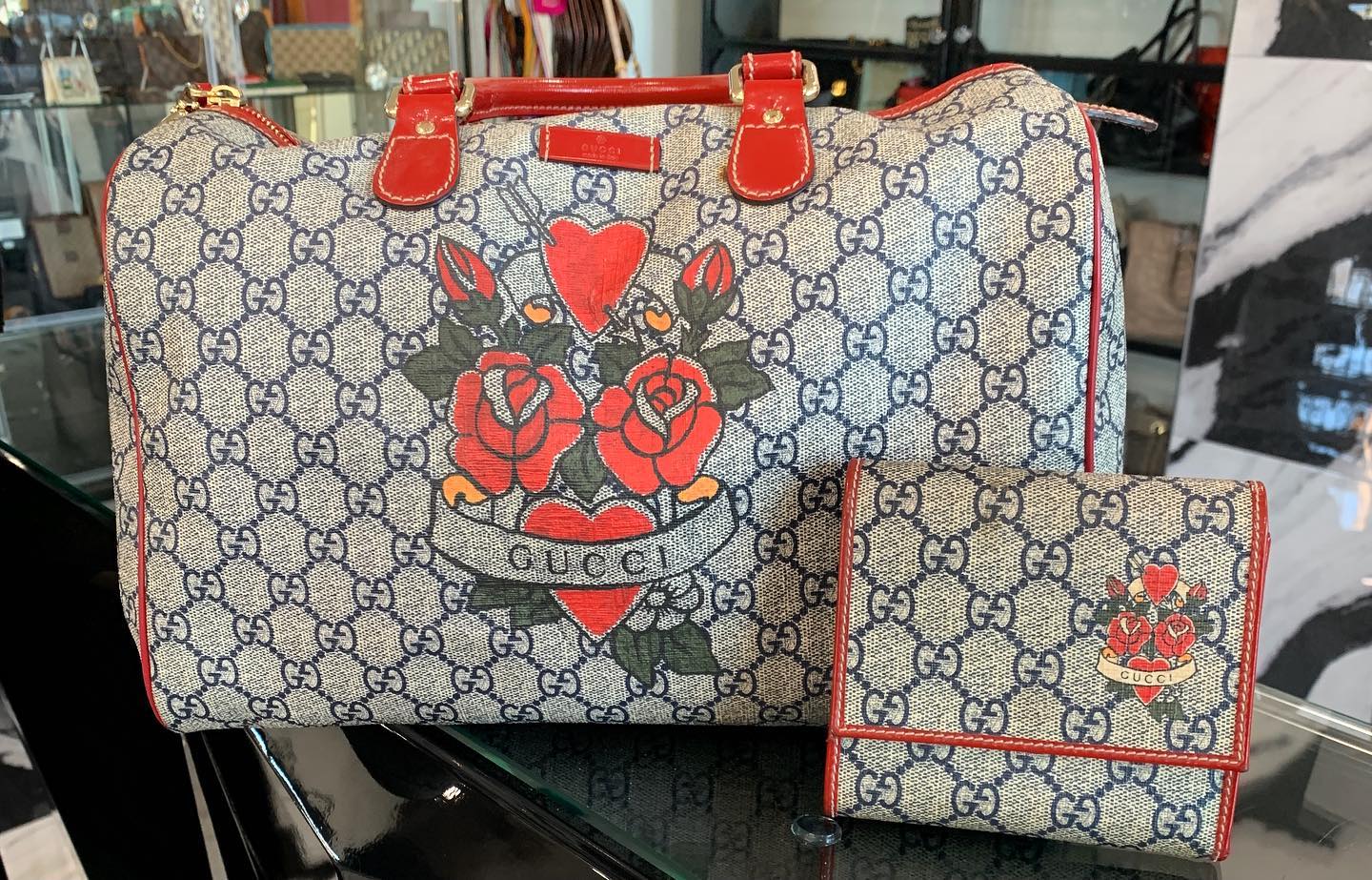 Gucci GG Plus Tattoo Hearts Roses Wallet Case