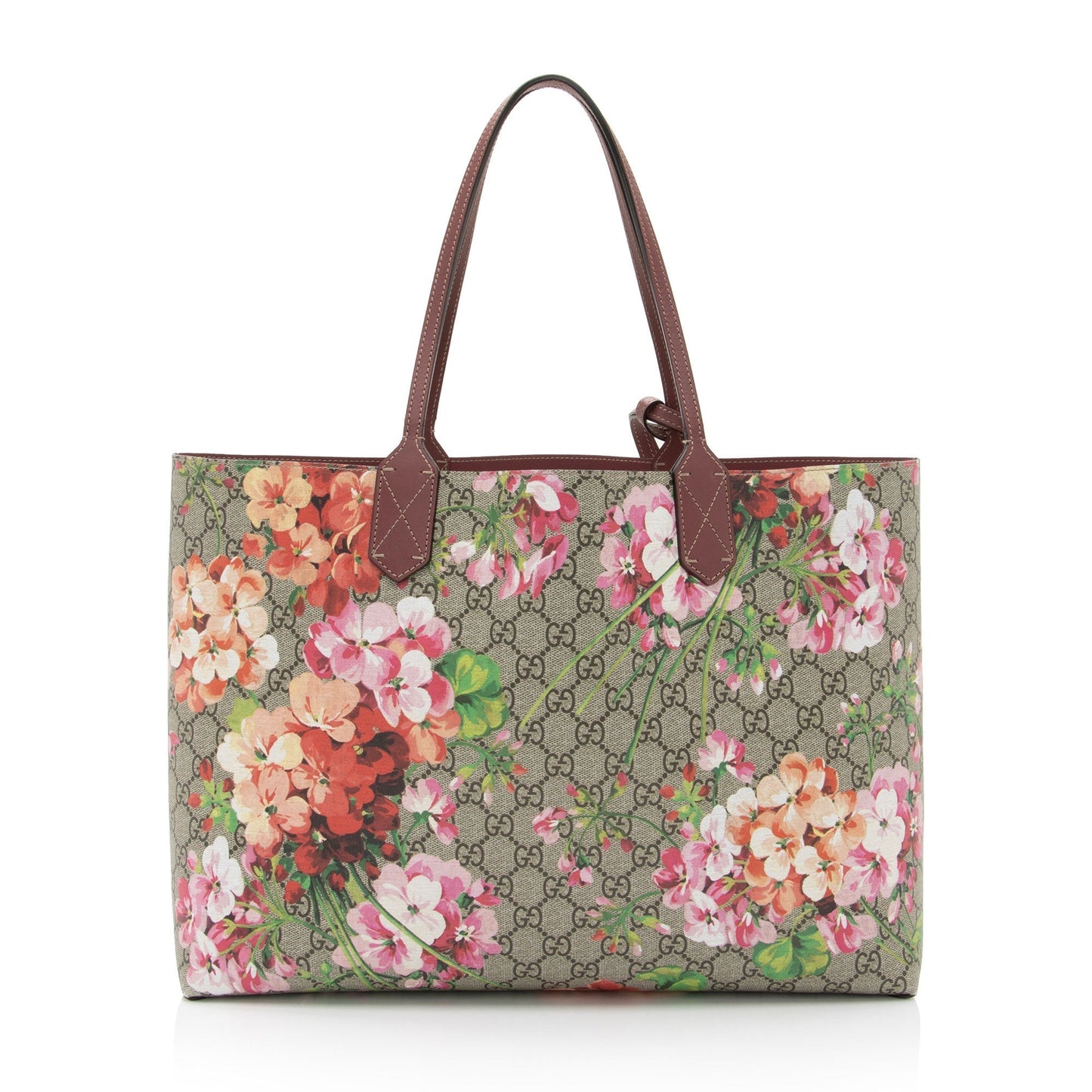 Gucci GG Supreme Blooms Reversible - Leather Canvas Brown Pink Tote Bag