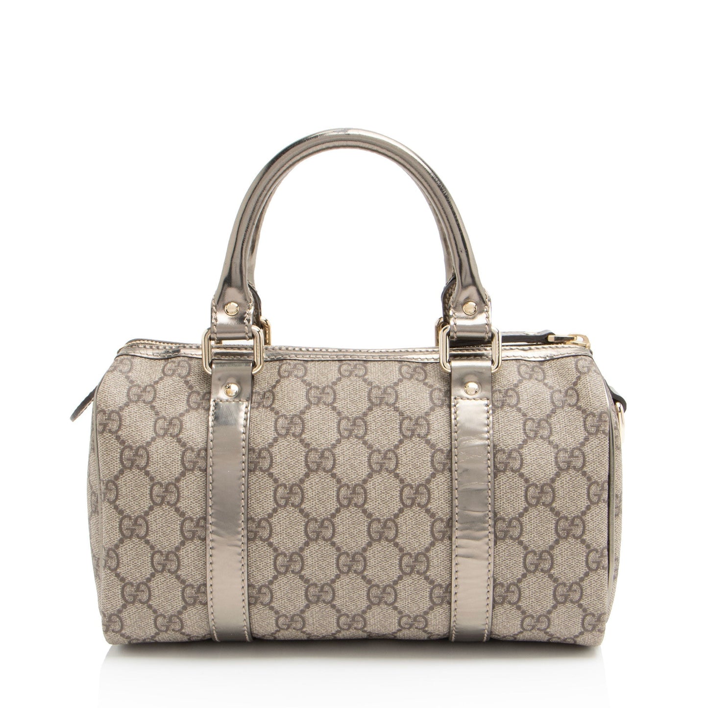 Gucci GG Supreme Metallic Joy Boston Leather Canvas Beige Gold Satchel Bag