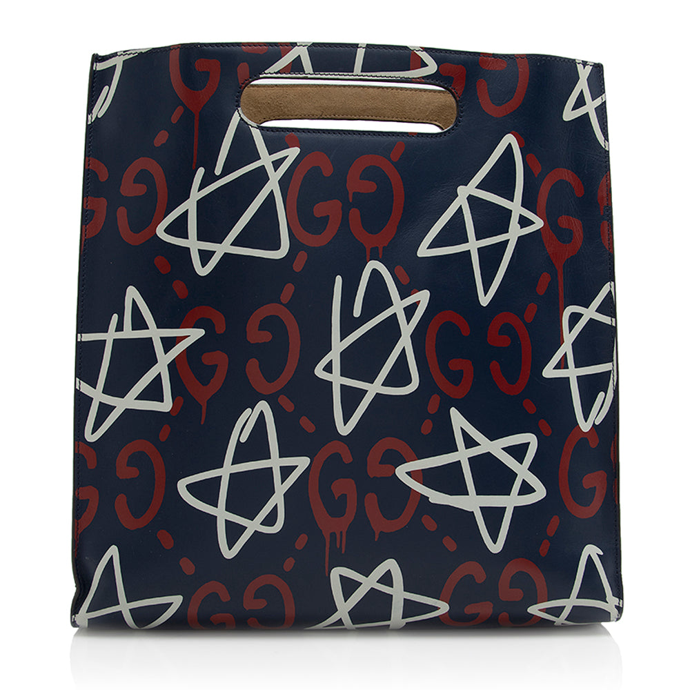 Gucci Ghost SHF Leather Blue Red Medium Tote Bag