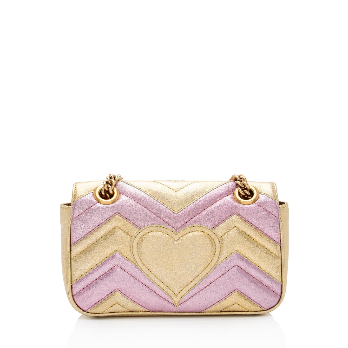 Gucci Metallic GG Marmont Flap SHF-6l0XWs Matelasse Leather Pink Gold Crossbody Bag