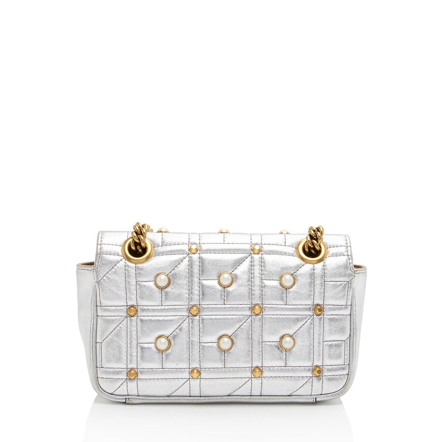 Gucci Metallic Pearl GG Marmont Flap Matelasse Leather Silver Mini Crossbody Bag Shf Pmv358