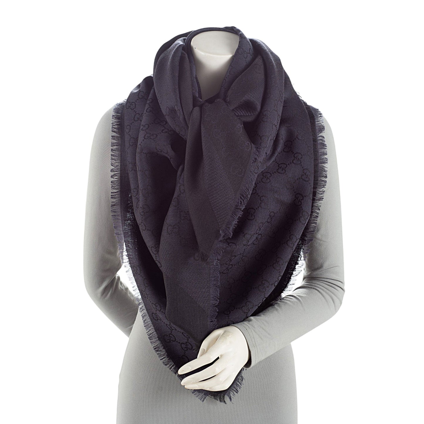 Gucci Silk Wool 140cm Shawl SHF-sdYgHP Monogram Black Blue Handbag