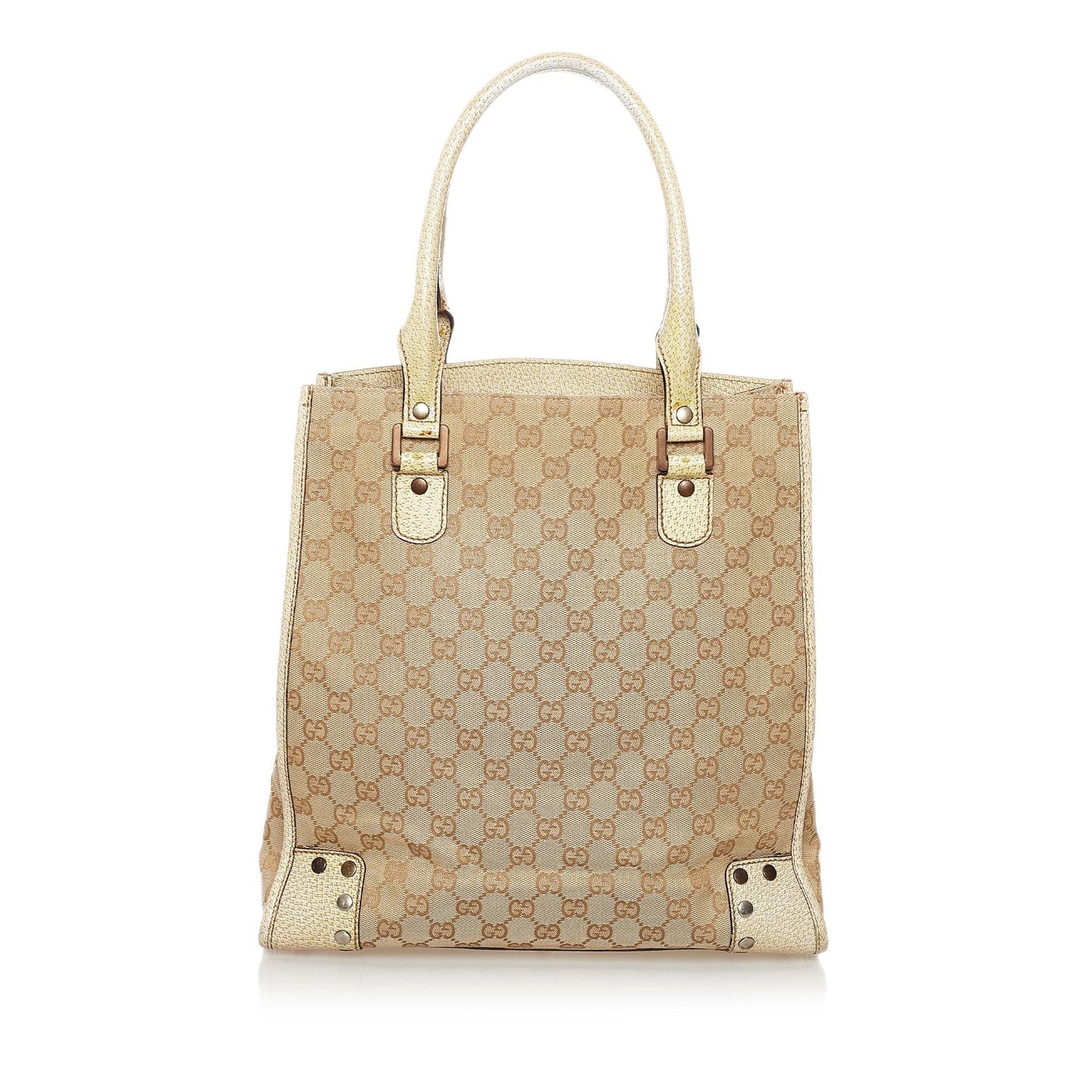 Gucci Studded GG SHG Canvas White Brown Tote Bag