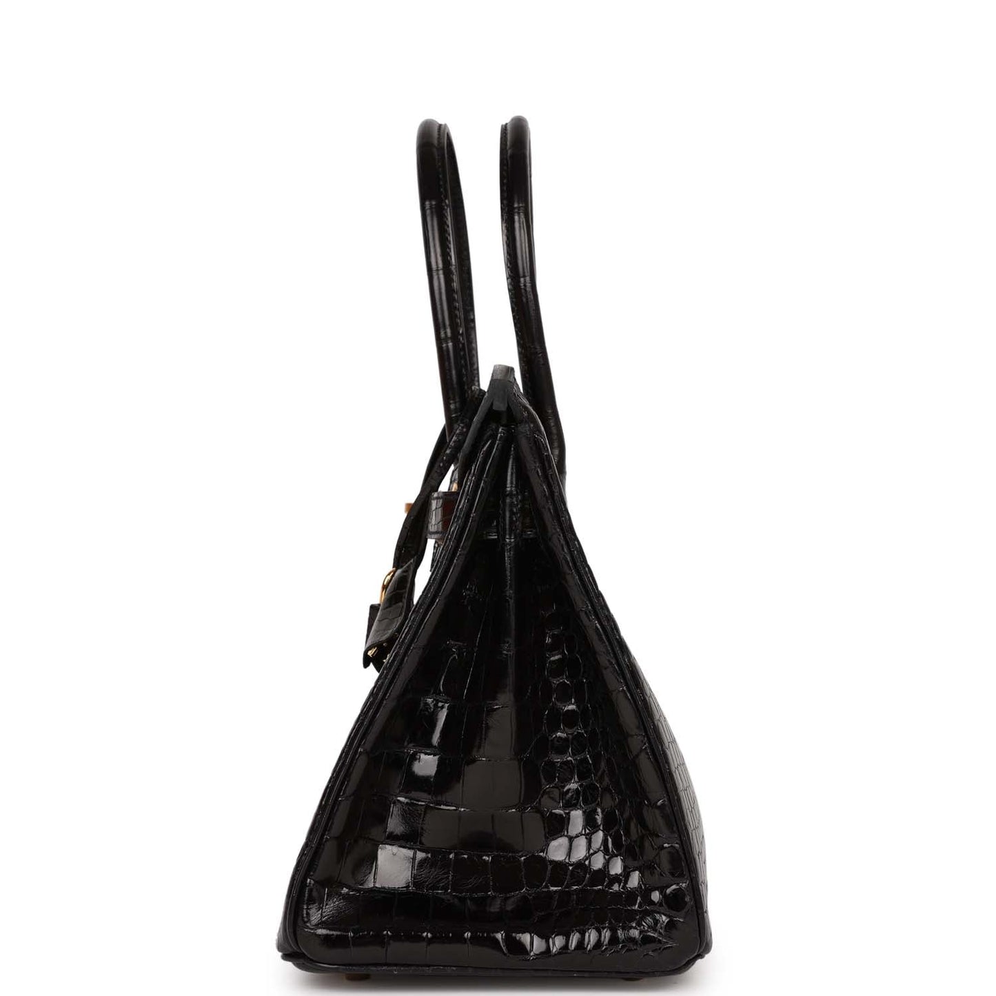 Hermes Birkin Shiny Crocodile Porosus Hardware Handbag Black Gold Travel Bag