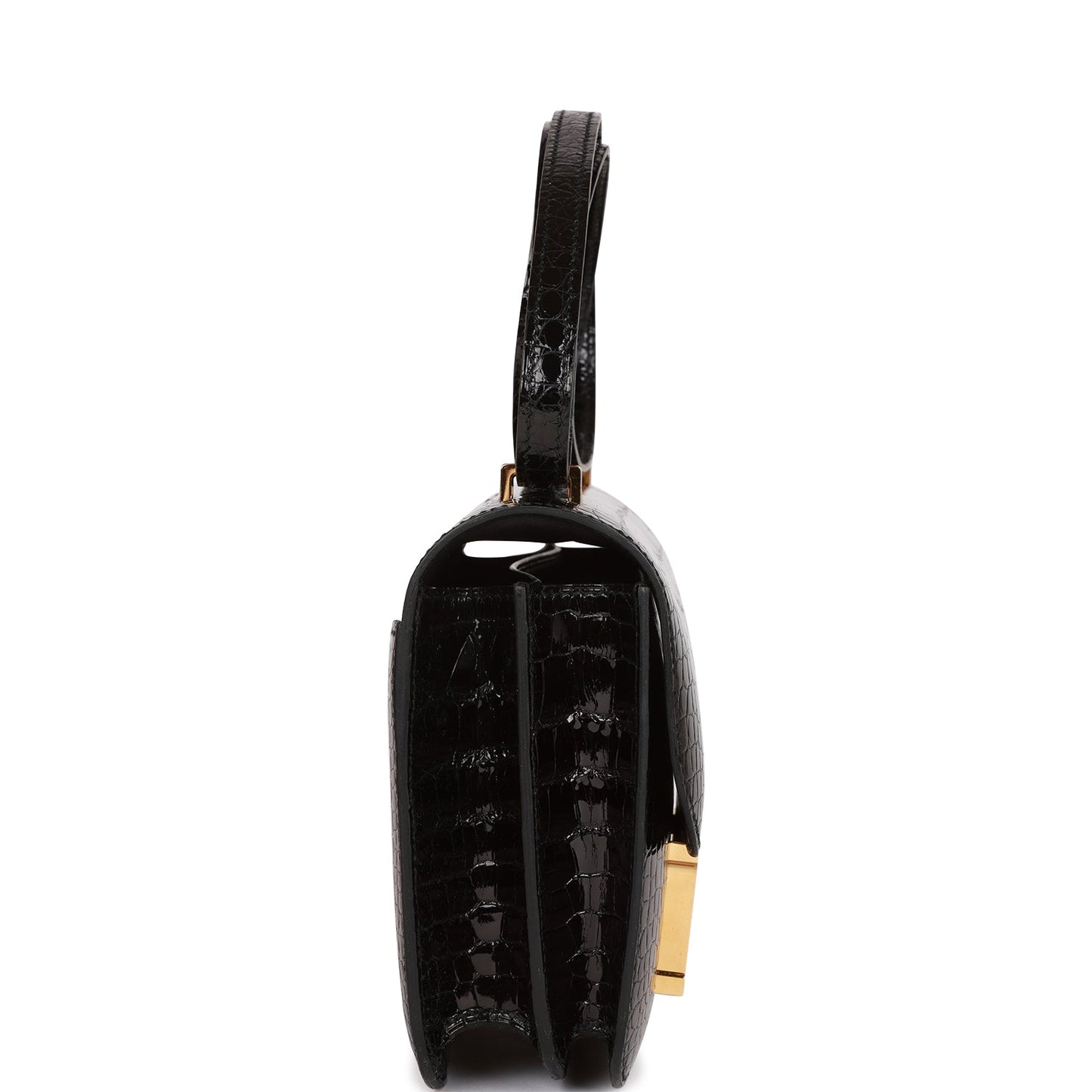 Hermes Constance Shiny Alligator Hardware Handbag Black Gold Travel Bag