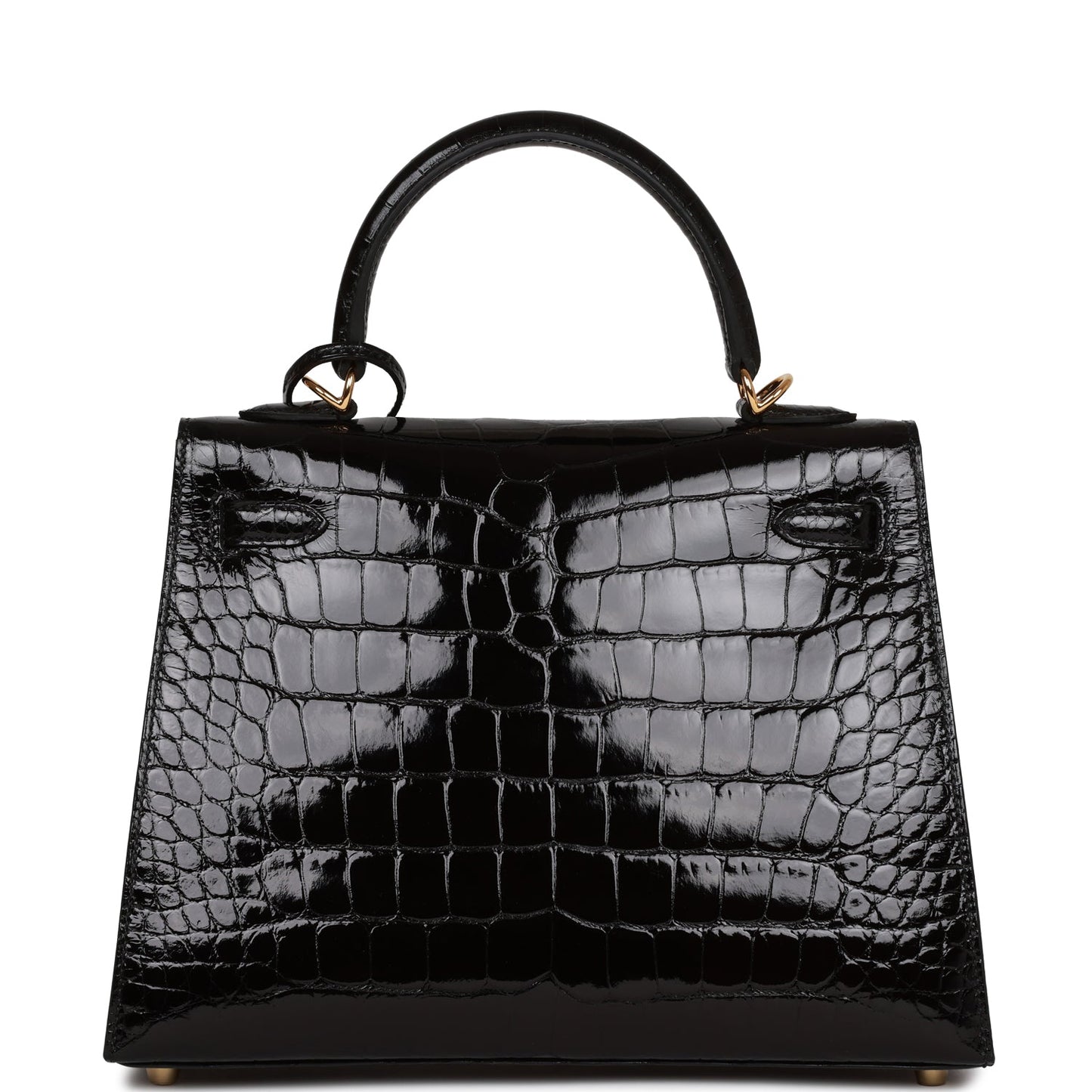 Hermes Kelly Sellier Shiny Alligator Hardware Handbag Black Gold Travel Bag Hardware 1