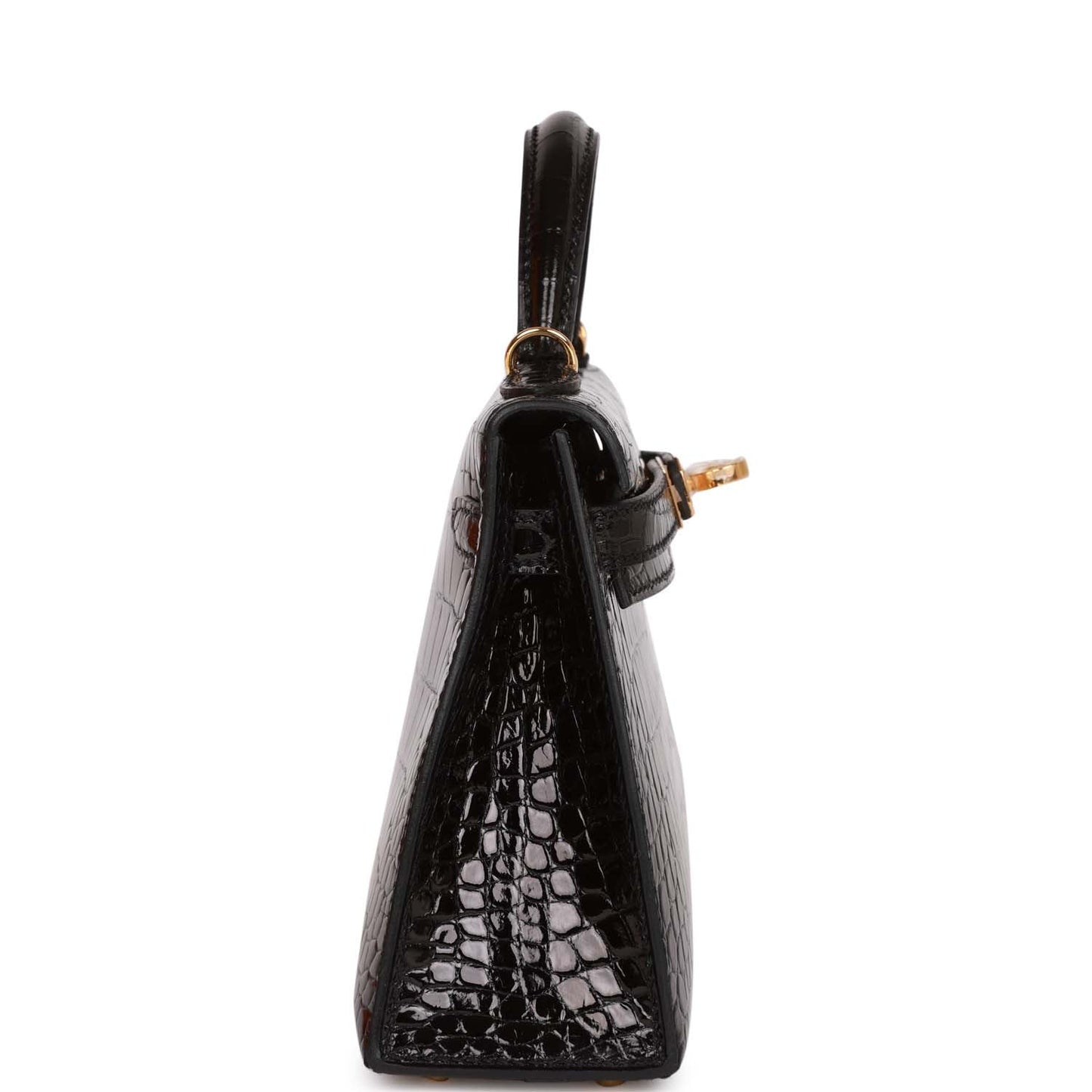 Hermes Kelly Sellier Shiny Alligator Hardware Handbag Black Gold Travel Bag