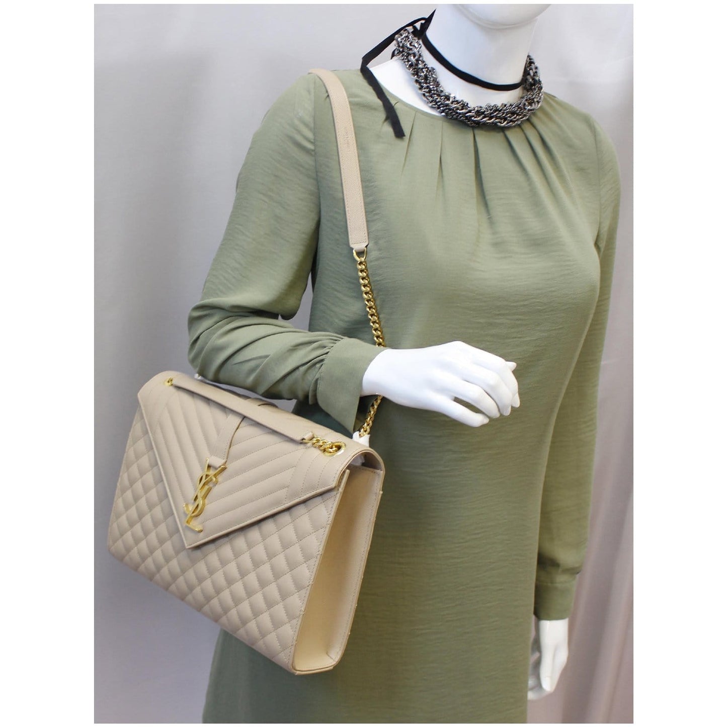 YSL Saint Laurent Saint Envelope Embossed Shoulder Bag Nude Leather Matelasse