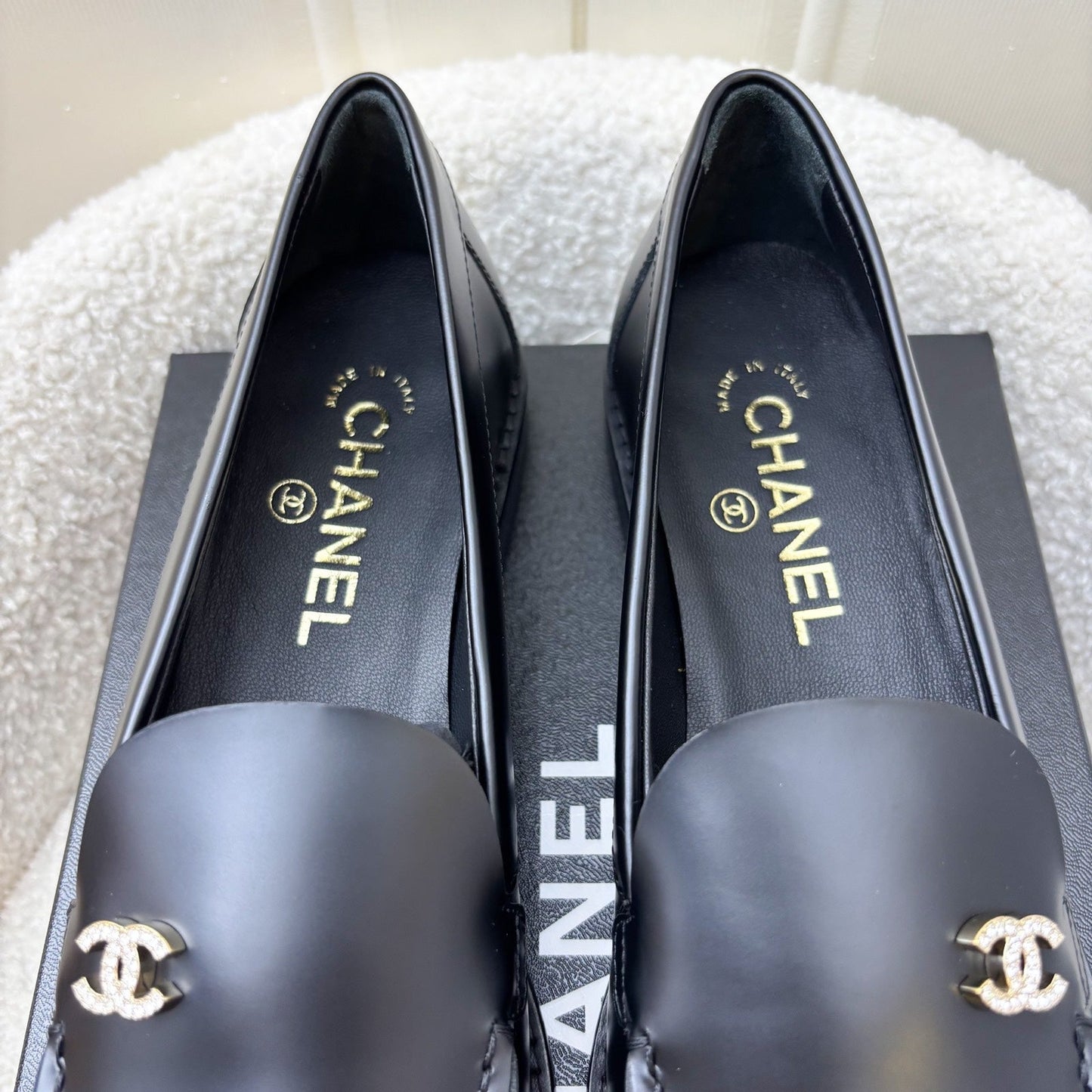 Chanel Mocassins with Diamantes Studded CC Logo in Black Smooth Calfskin Shoes