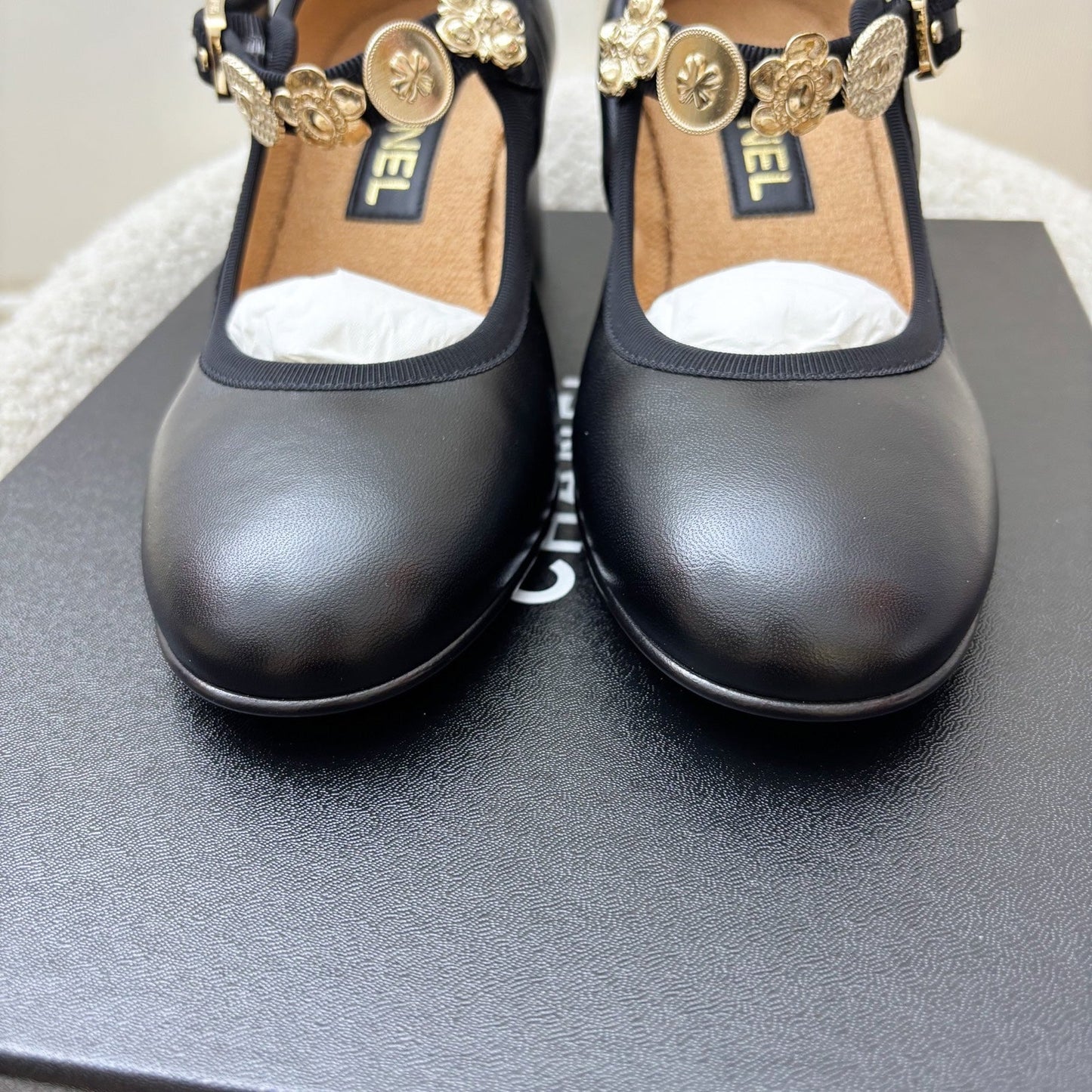 Chanel Mary Janes with Gold Charms and Buckle in Black Lambskin and AGHW Sz 37.5 Accessory