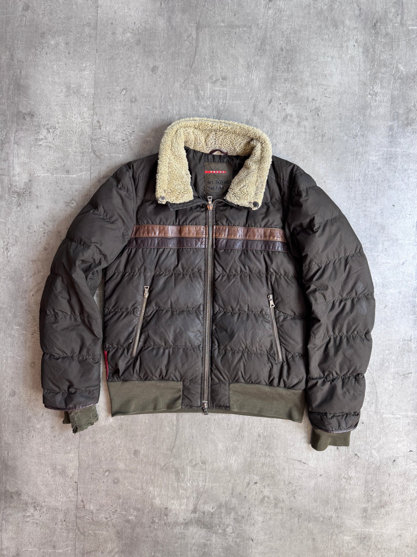 Prada Handbag Detail Puffer Jacket Leather Brown Small