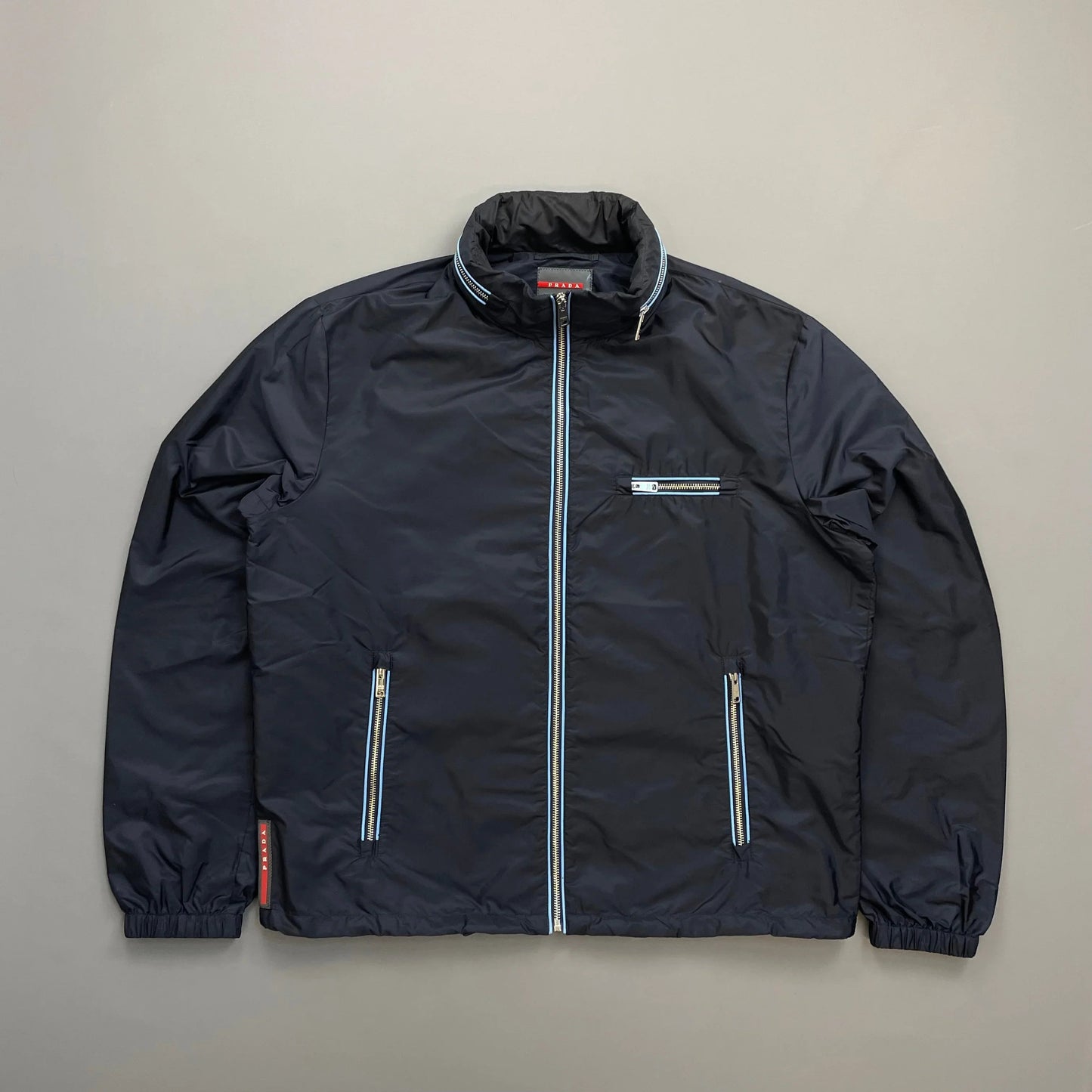 Prada Handbag Contrast Stripe Concealed Hood Windbreaker Jacket Nylon Navy Zip