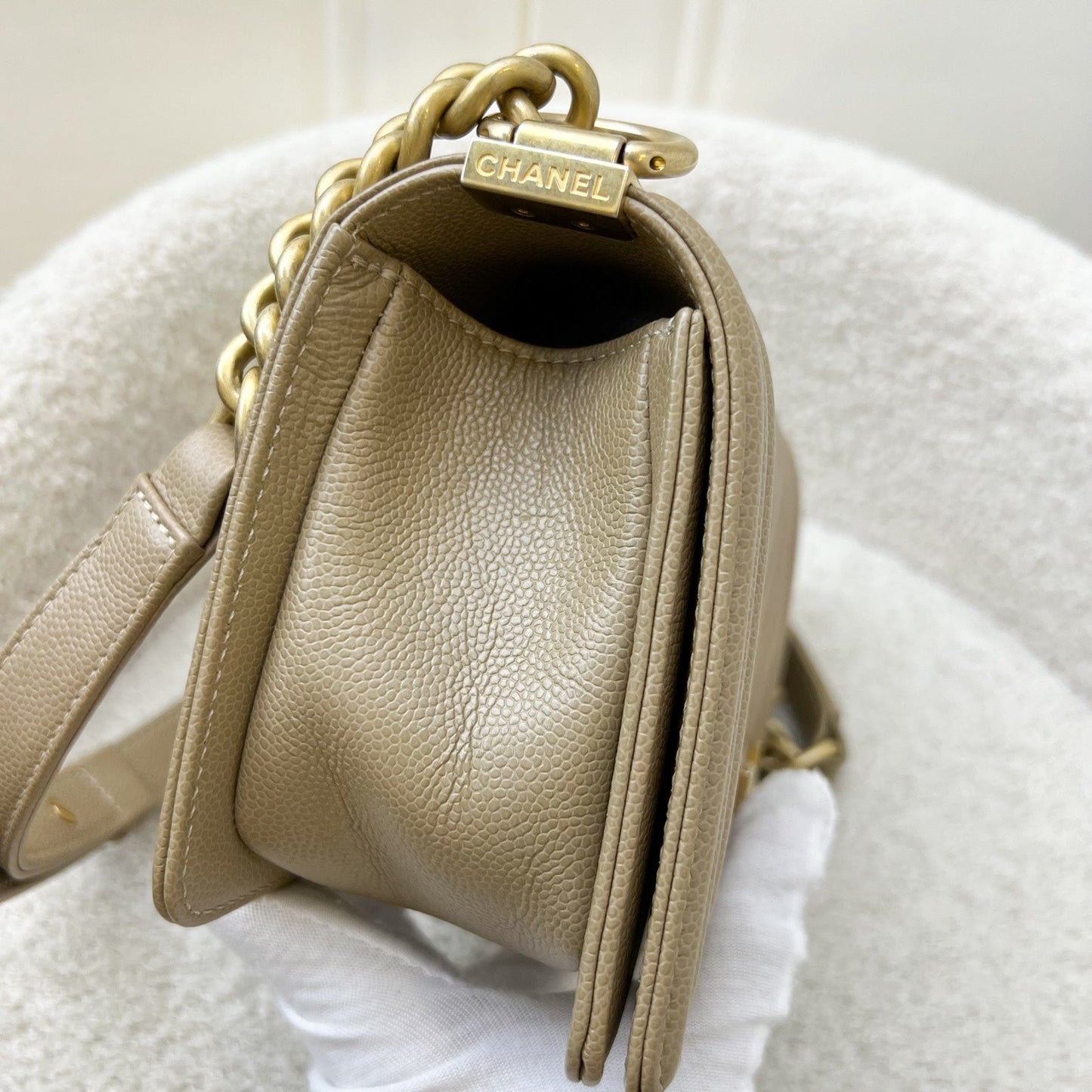 Chanel Small Boy Flap in Chevron Quilted Beige Caviar and AGHW Accessory