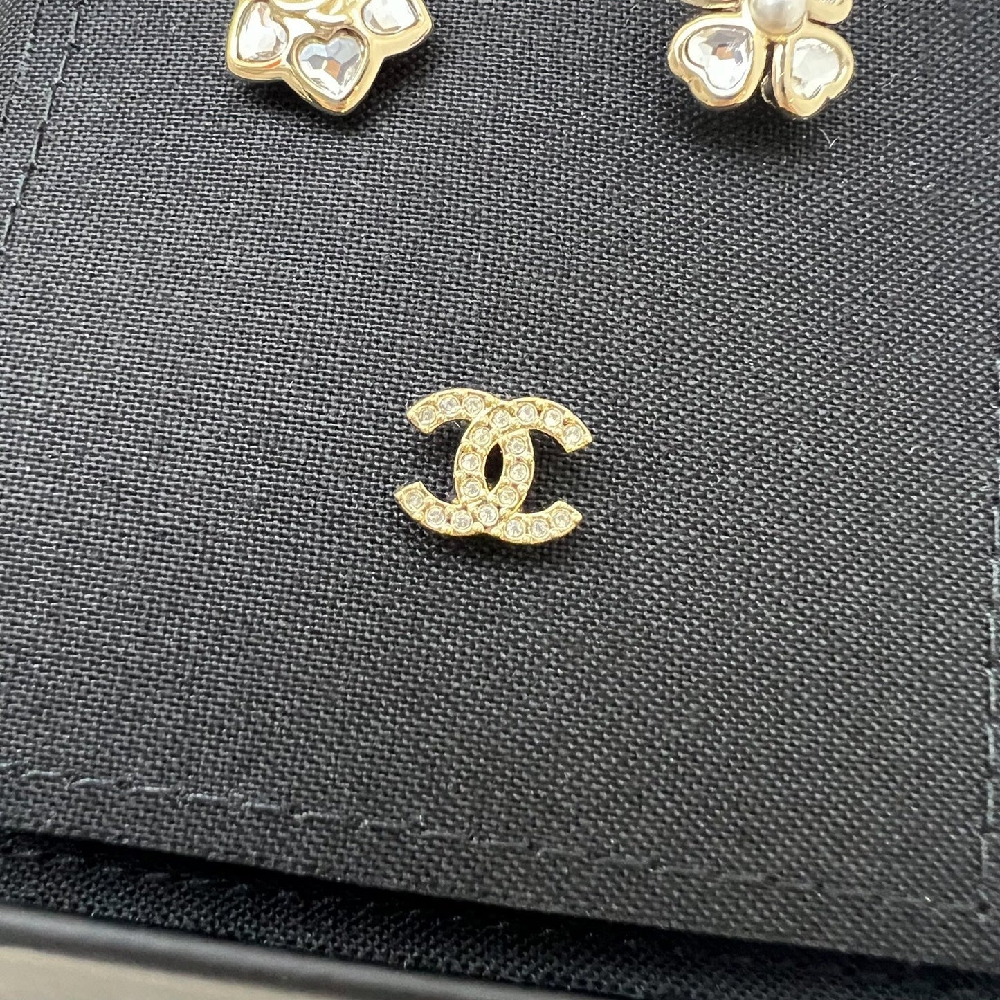 Chanel Stud Earrings in Metal, Glass Pearls and Diamantés Gold, Pearly White and Crystal (Model: ) Jewelry
