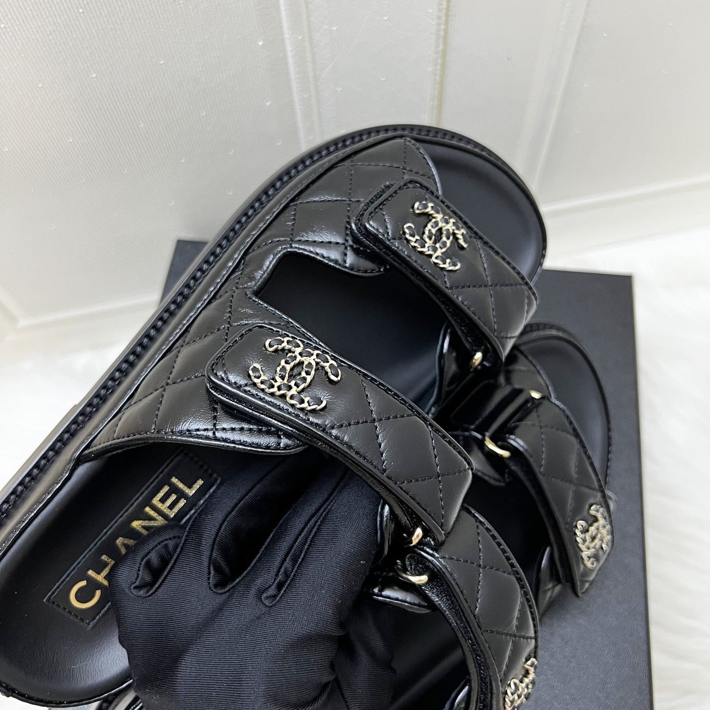Chanel Dad Sandal in Black Quilted Leather and GHW Sz 37