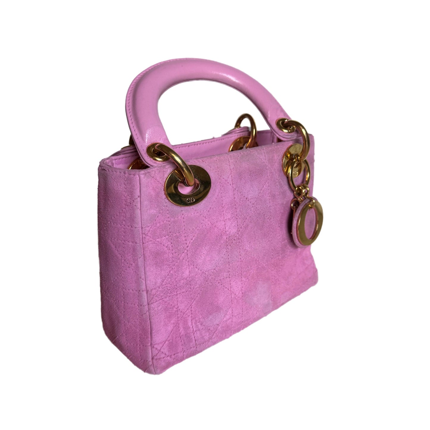Dior Lady Mini With Yellow Tone Hardware Handbag Suede Pink Travel Bag