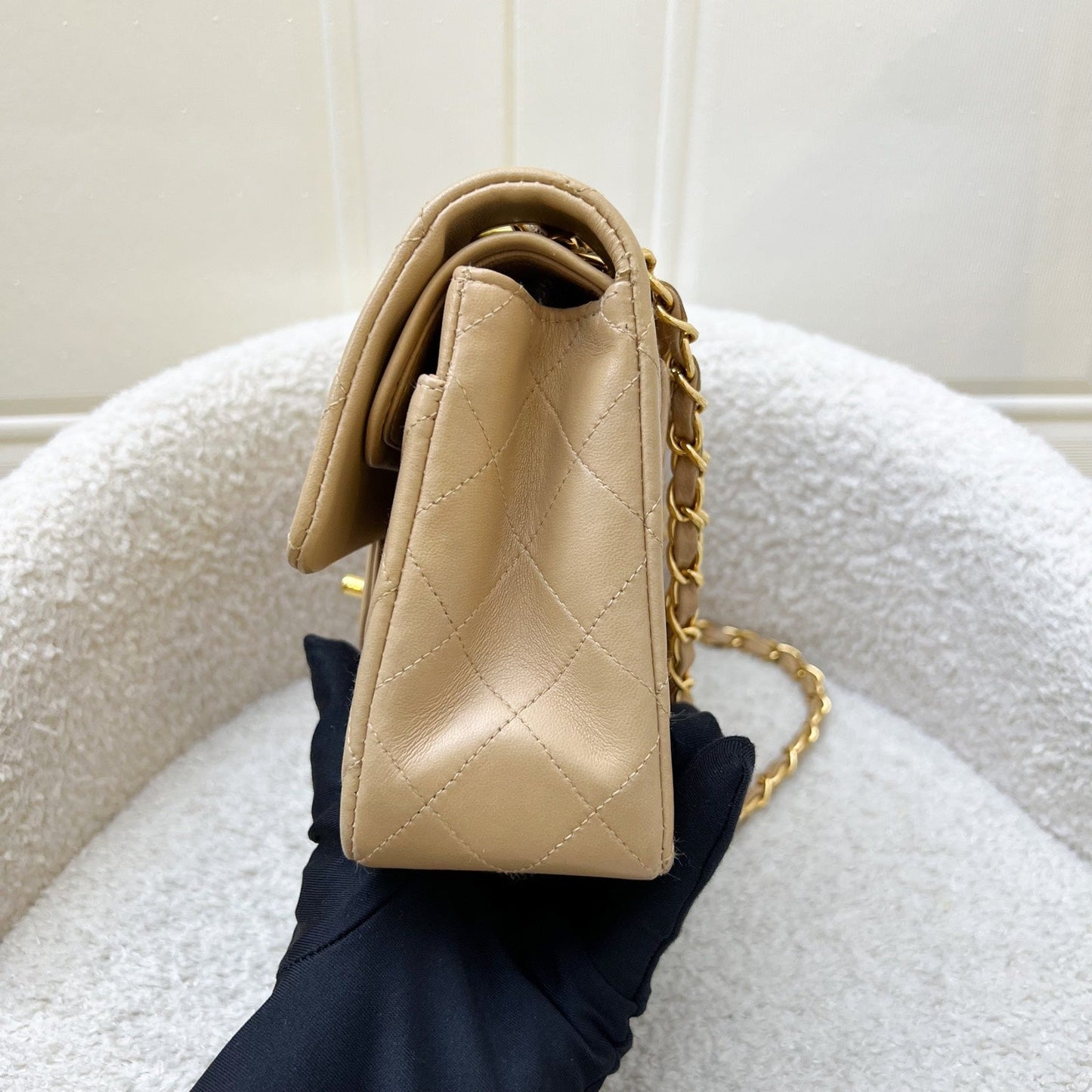 Chanel Small Classic Flap CF in Milk Tea Beige Lambskin and Gold Plated HW Accessory