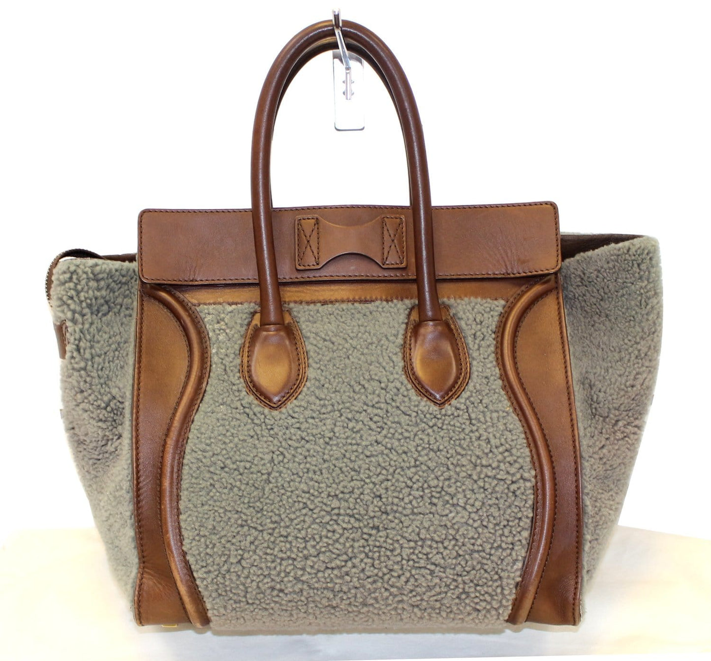 Grey Shearling Luggage Tote Bag Leather Brown