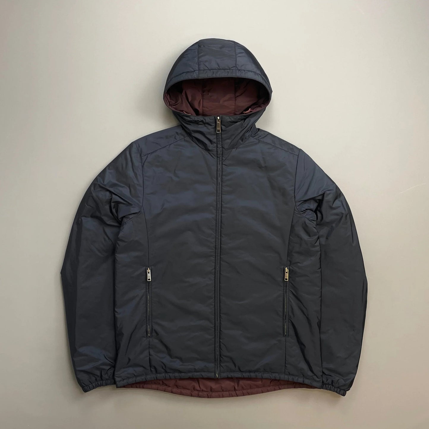 Prada Handbag Sport & Burgundy Reversible Padded Hooded Jacket Nylon Navy