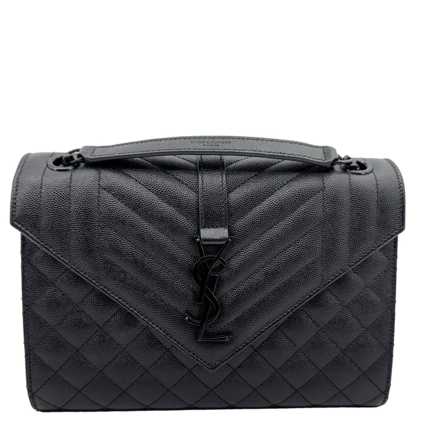 YSL Saint Laurent Yves Envelope Grain De Poudre Shoulder Bag Leather Black Medium