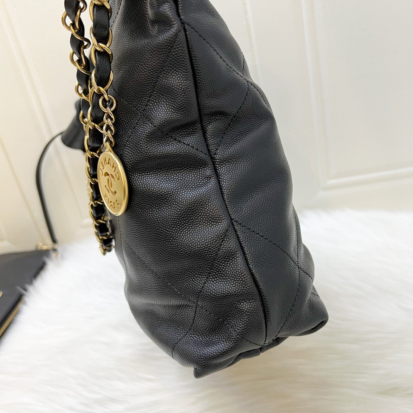 Chanel 22 Small Hobo Handbag in Black Shiny Caviar and AGHW (Model: )
