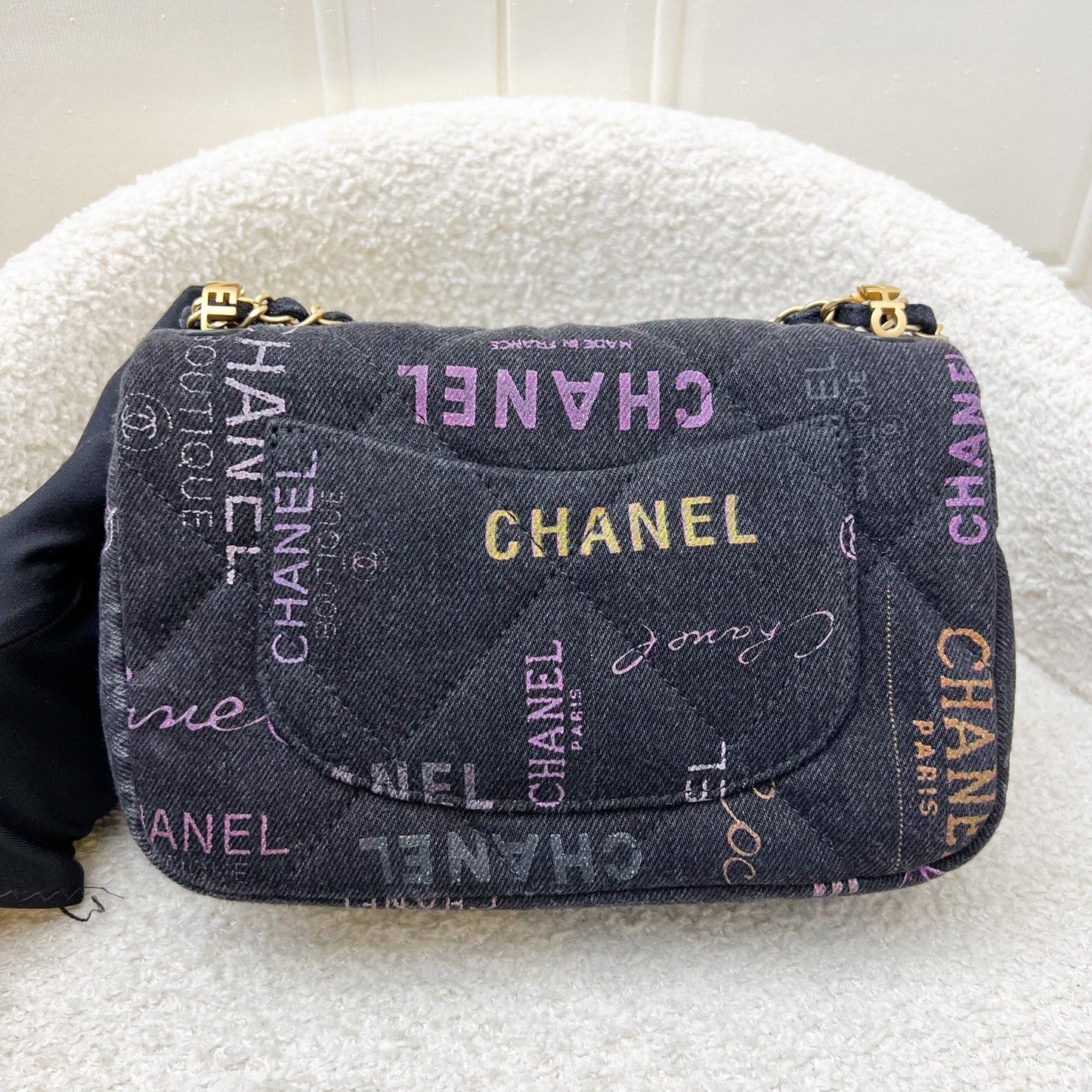 Denim Mood Small Flap Bag in Black Printed Denim and AGHW Signature