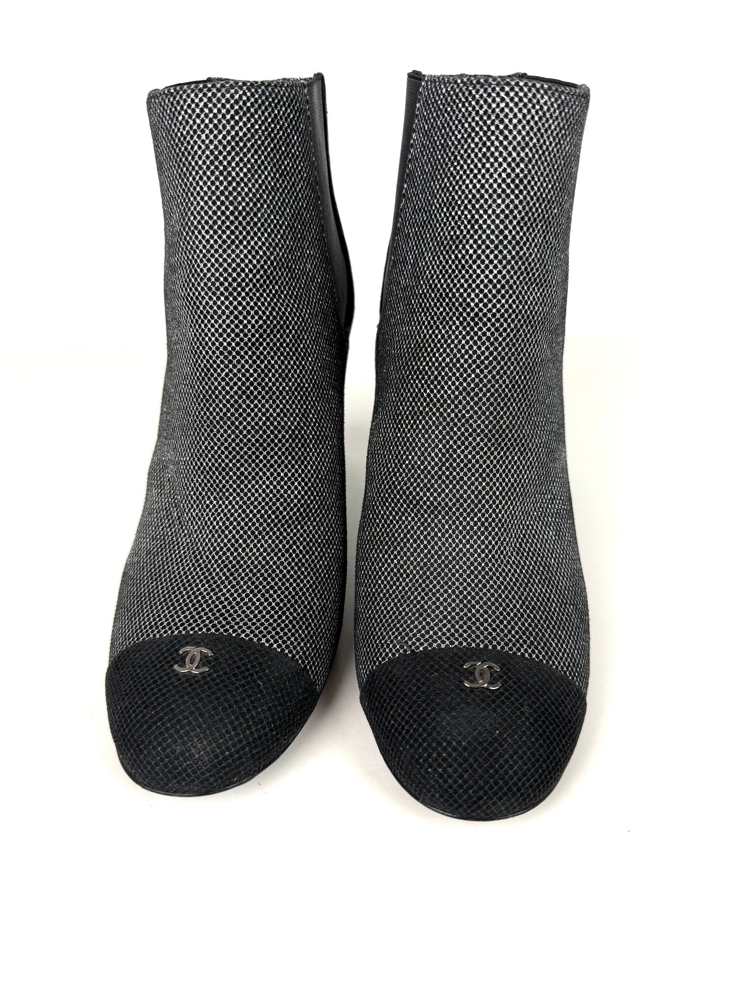 Chanel Black Silver Tweed CC Logo Ankle Booties Boots 40 9.5