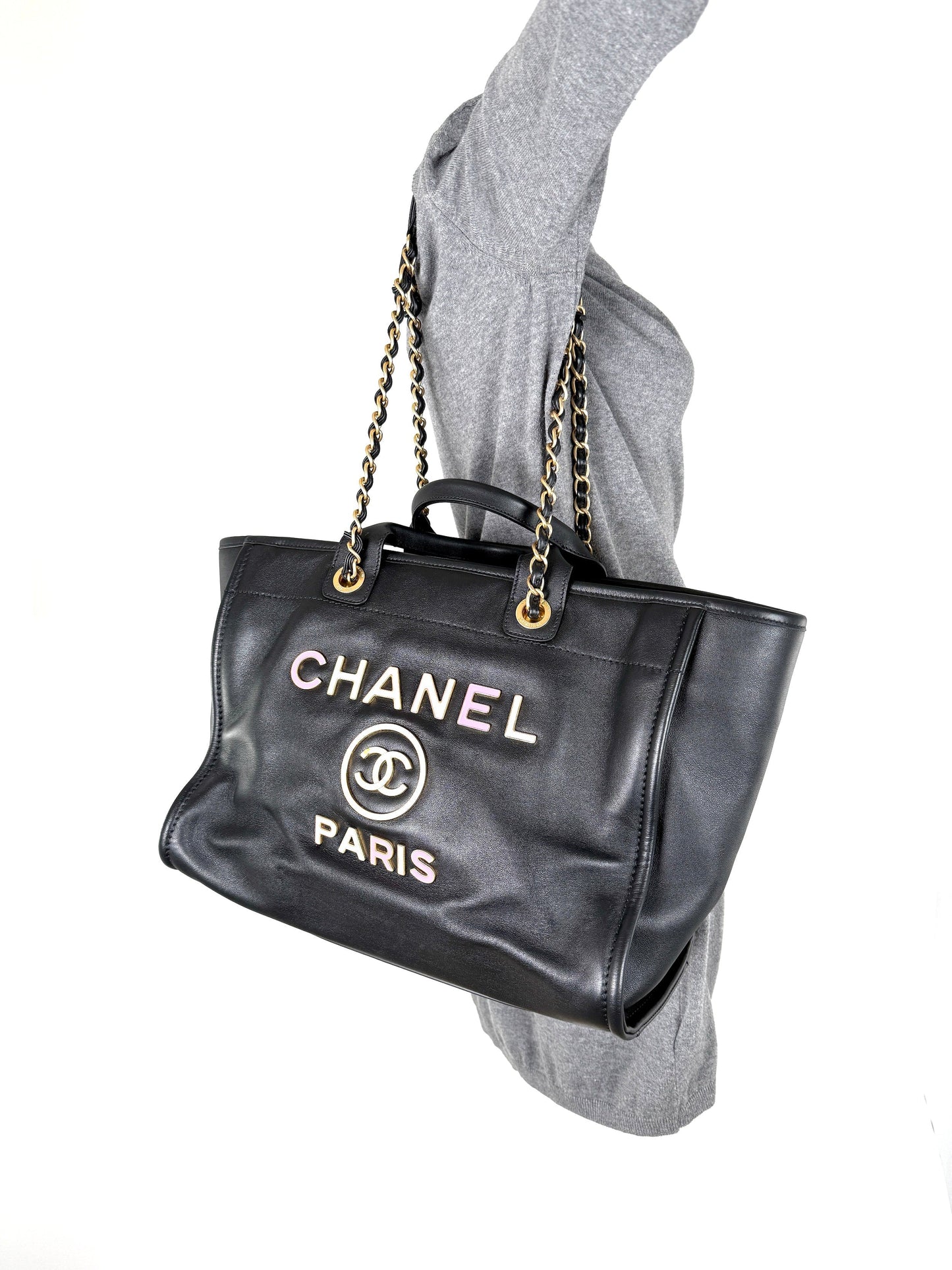 Chanel Deauville Medium Calfskin Black Multicolor Tote Bag with Pouch