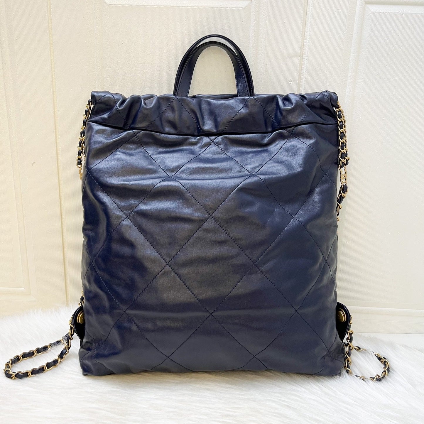 Chanel 22 Large Backpack in Navy Blue Shiny Calfskin and AGHW