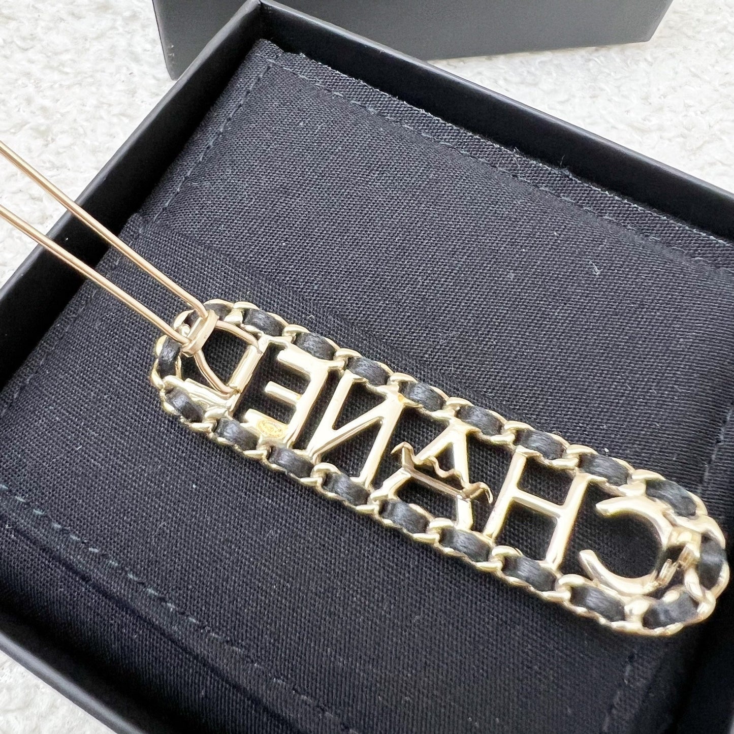 Chanel Chain Around Hairpin / Hairclip with Black Leather in LGHW Accessory