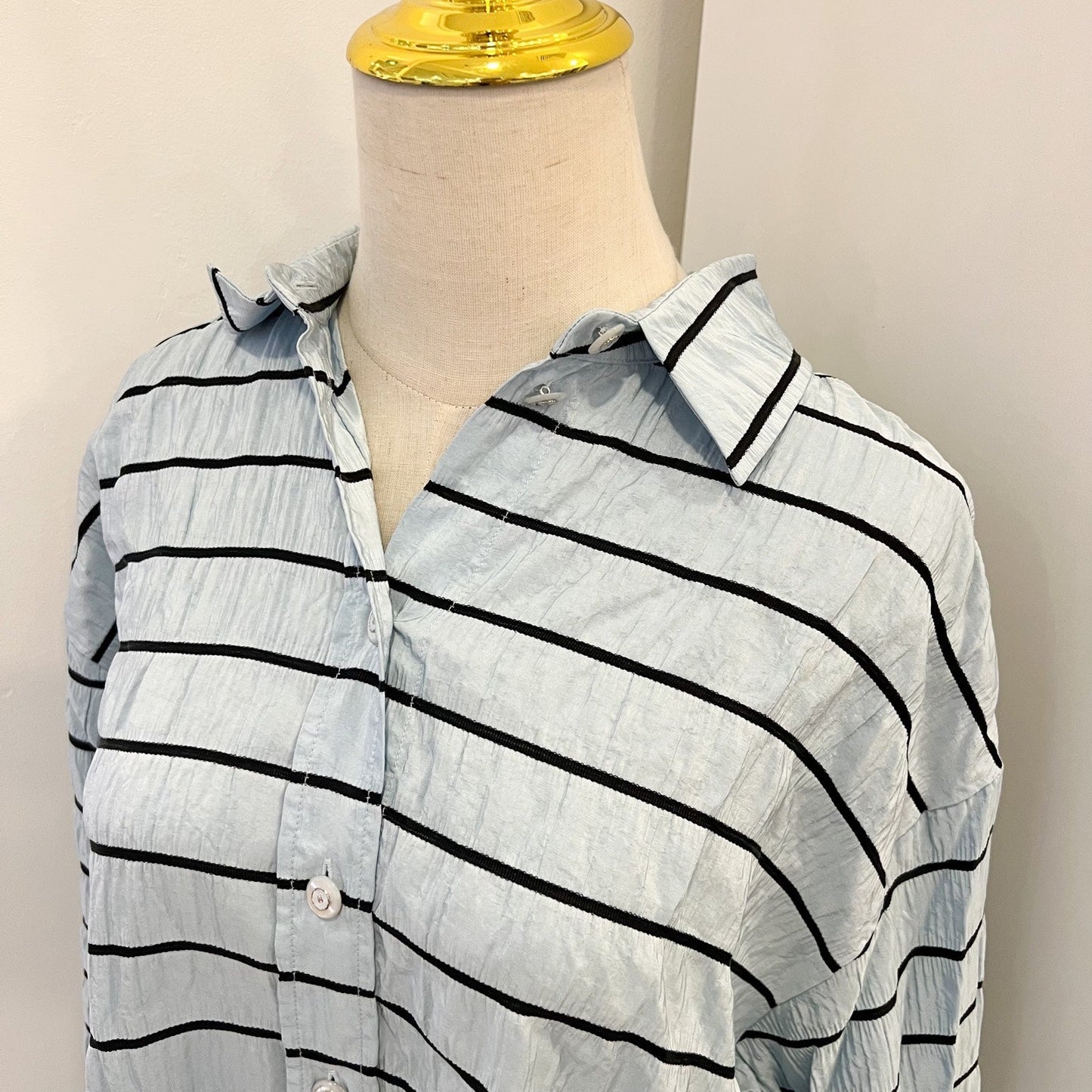 Chanel Long Sleeved Shirt in Blue with Black Stripes 100% Silk (Model: )